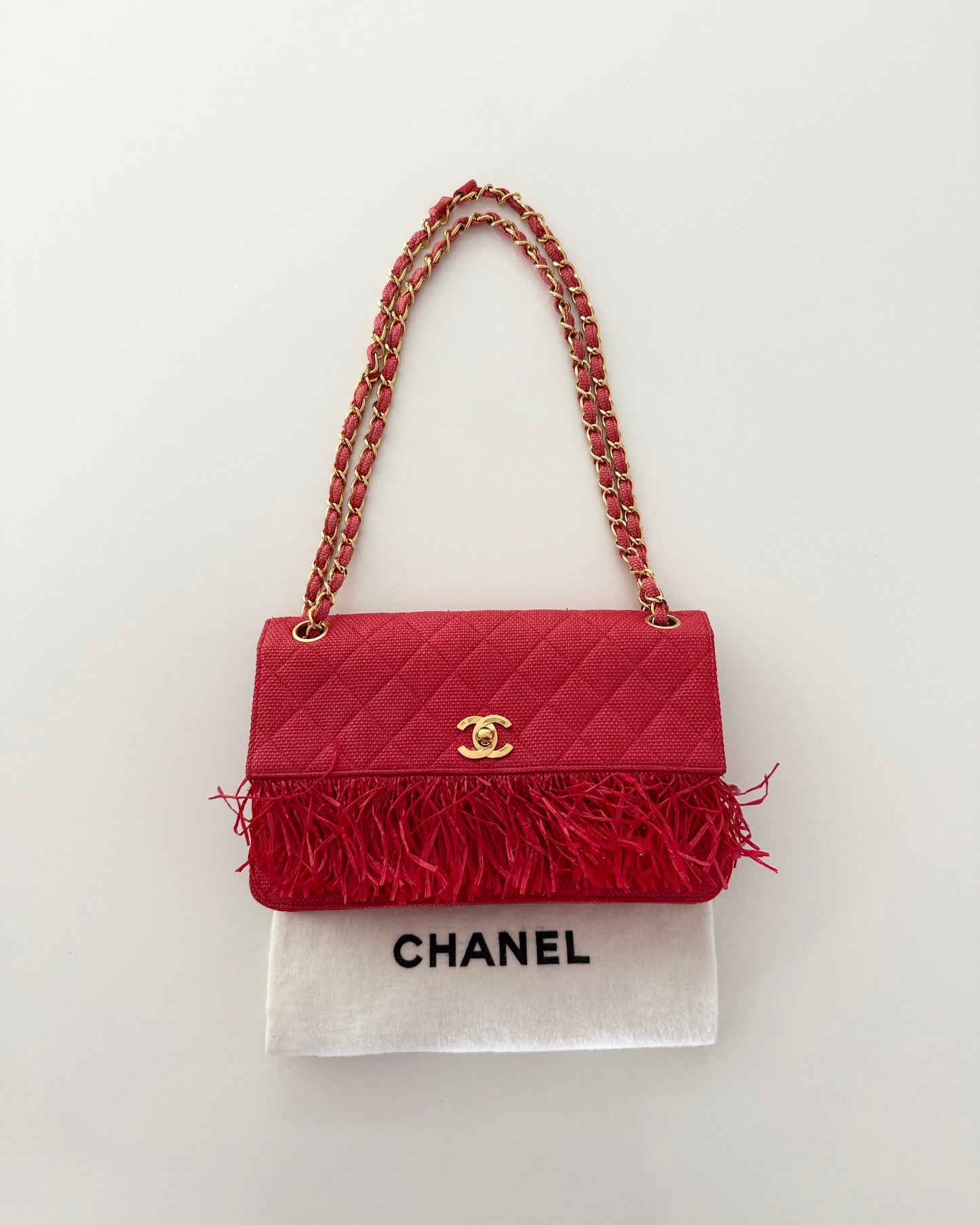 Chanel Woven Red Quilted Raffia Fringe Single Flap