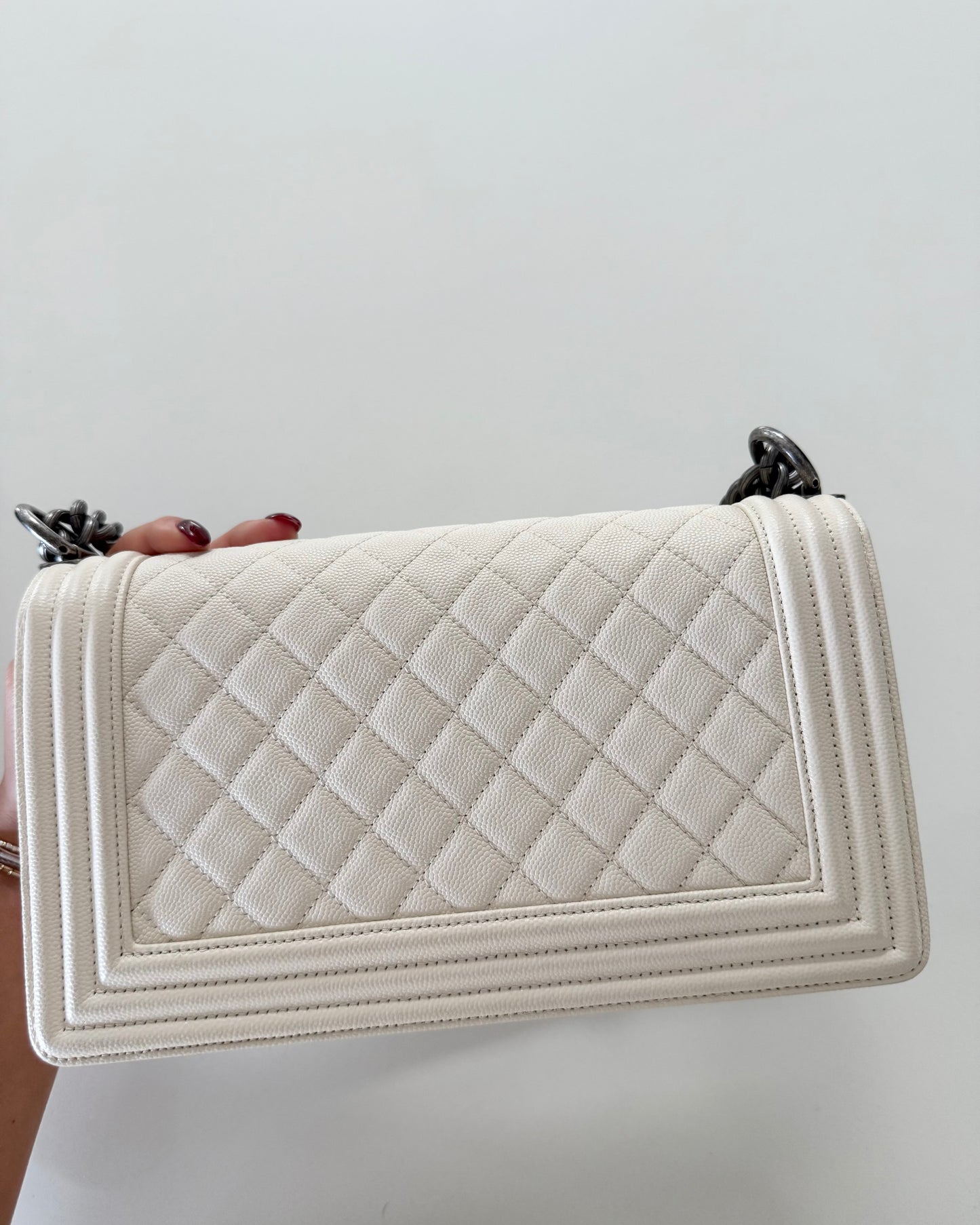 Chanel Ivory Quilted Caviar Leather Medium Boy Bag