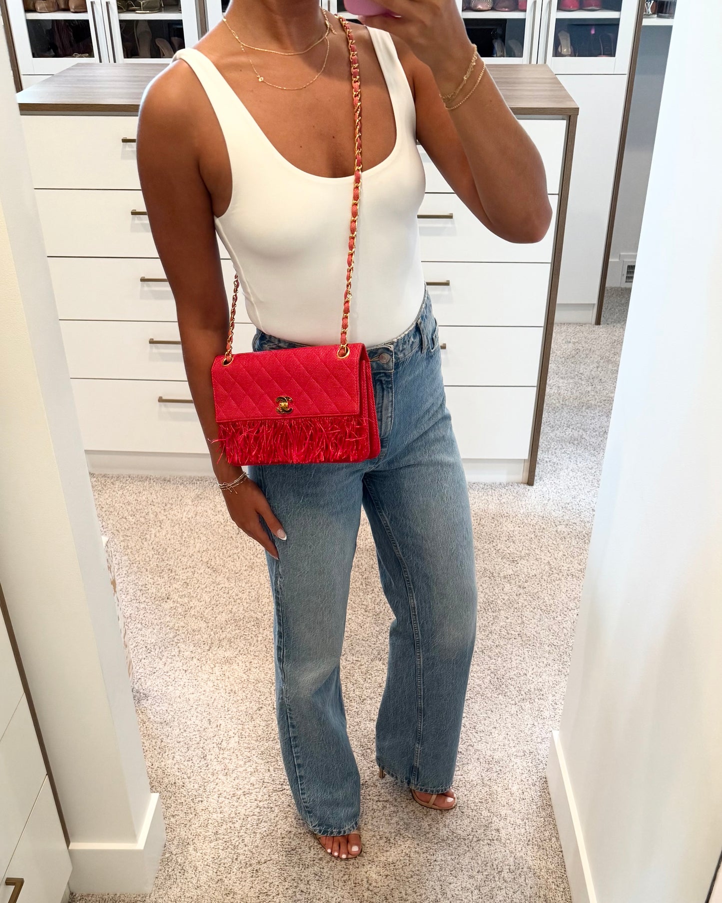 Chanel Woven Red Quilted Raffia Fringe Single Flap