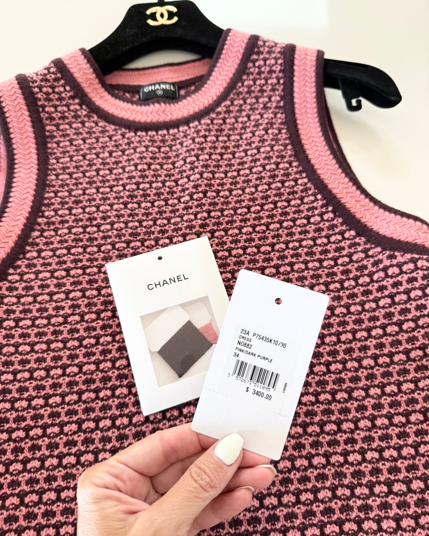 Chanel Pink/Dark Purple 100% Cashmere Sleeveless Mini Dress