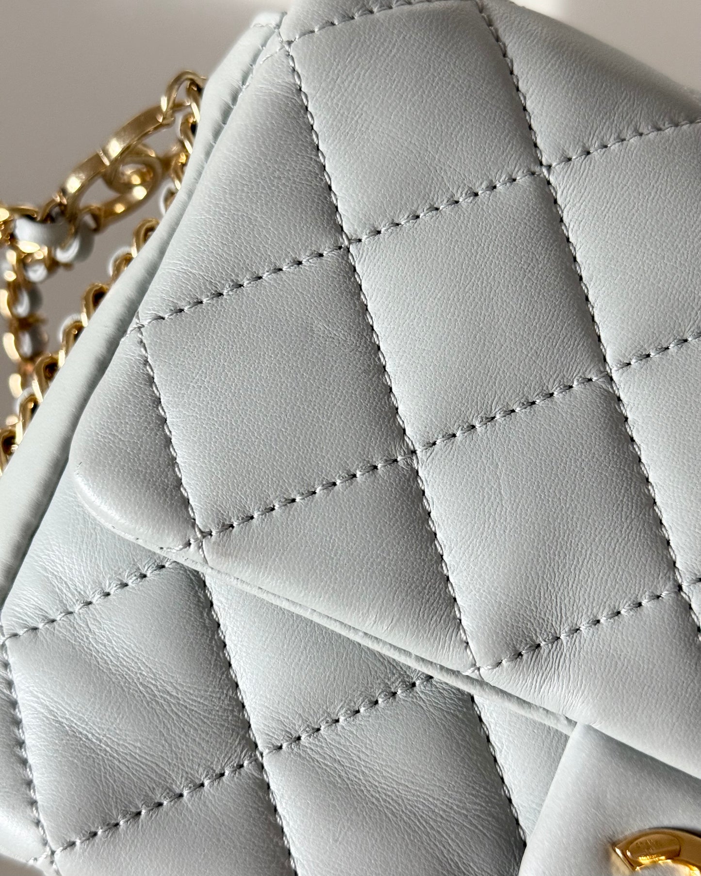 Chanel Light Grey Quilted Lambskin Leather CC Double Chain Flap Bag