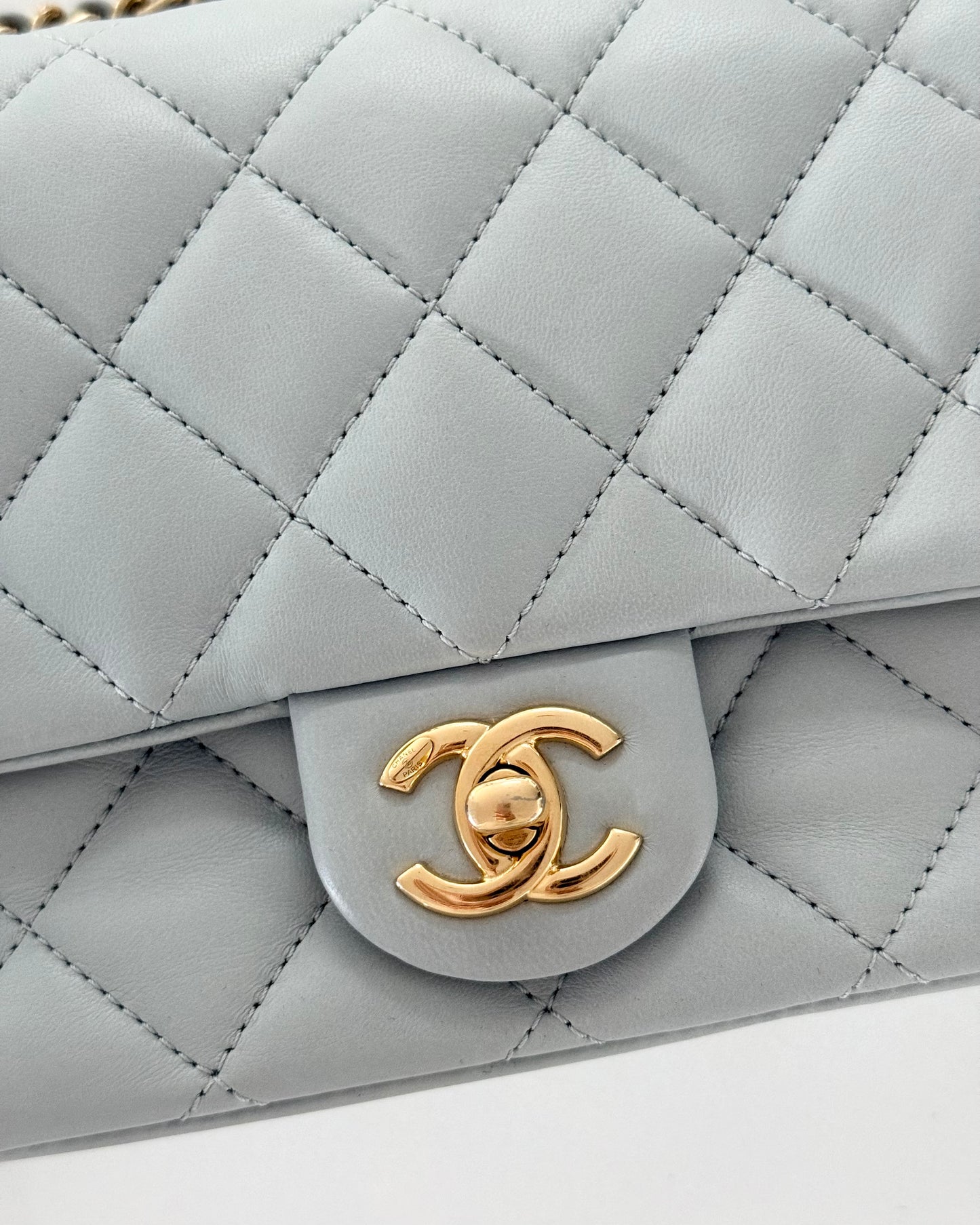 Chanel Light Grey Quilted Lambskin Leather CC Double Chain Flap Bag