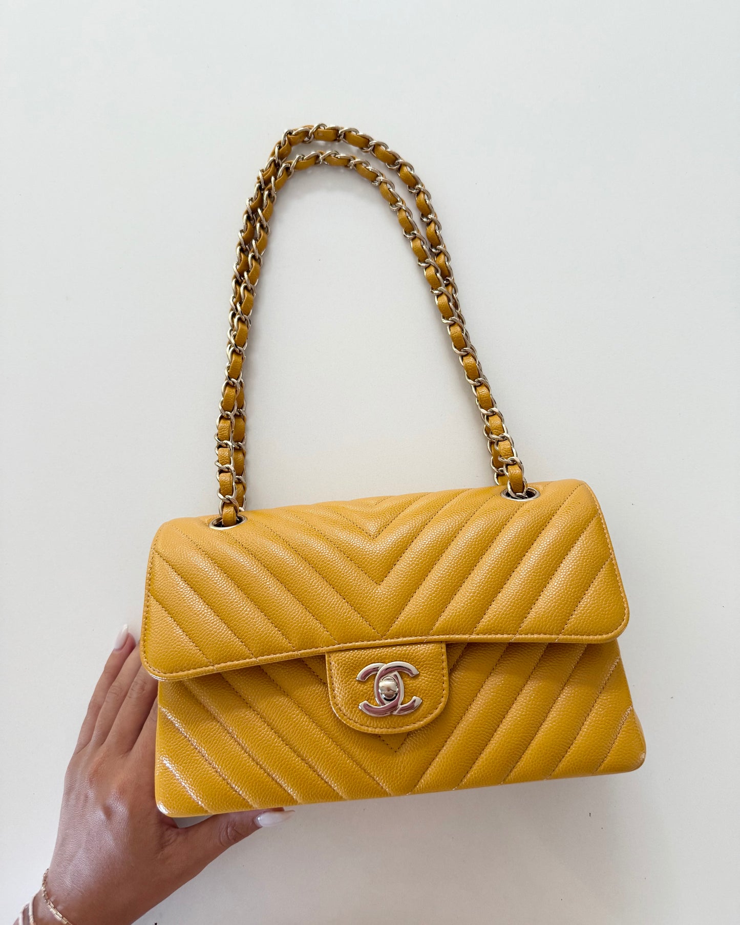Chanel Dark Yellow Chevron Caviar Small Double Flap 30 series from 2020-21