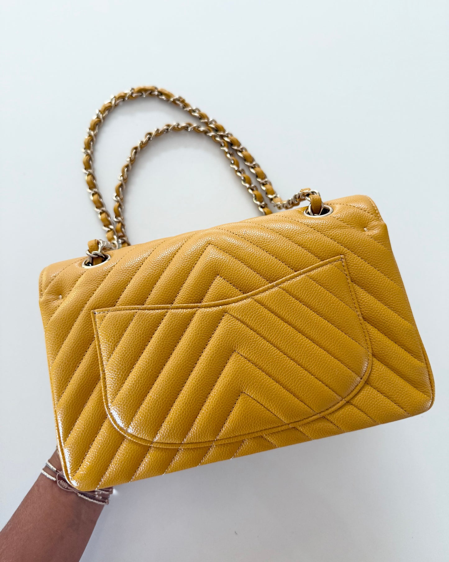 Chanel Dark Yellow Chevron Caviar Small Double Flap 30 series from 2020-21