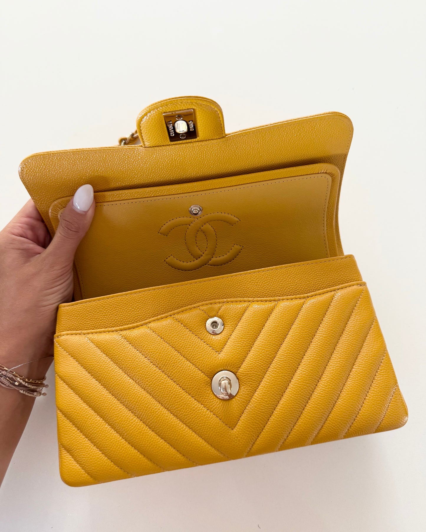 Chanel Dark Yellow Chevron Caviar Small Double Flap 30 series from 2020-21