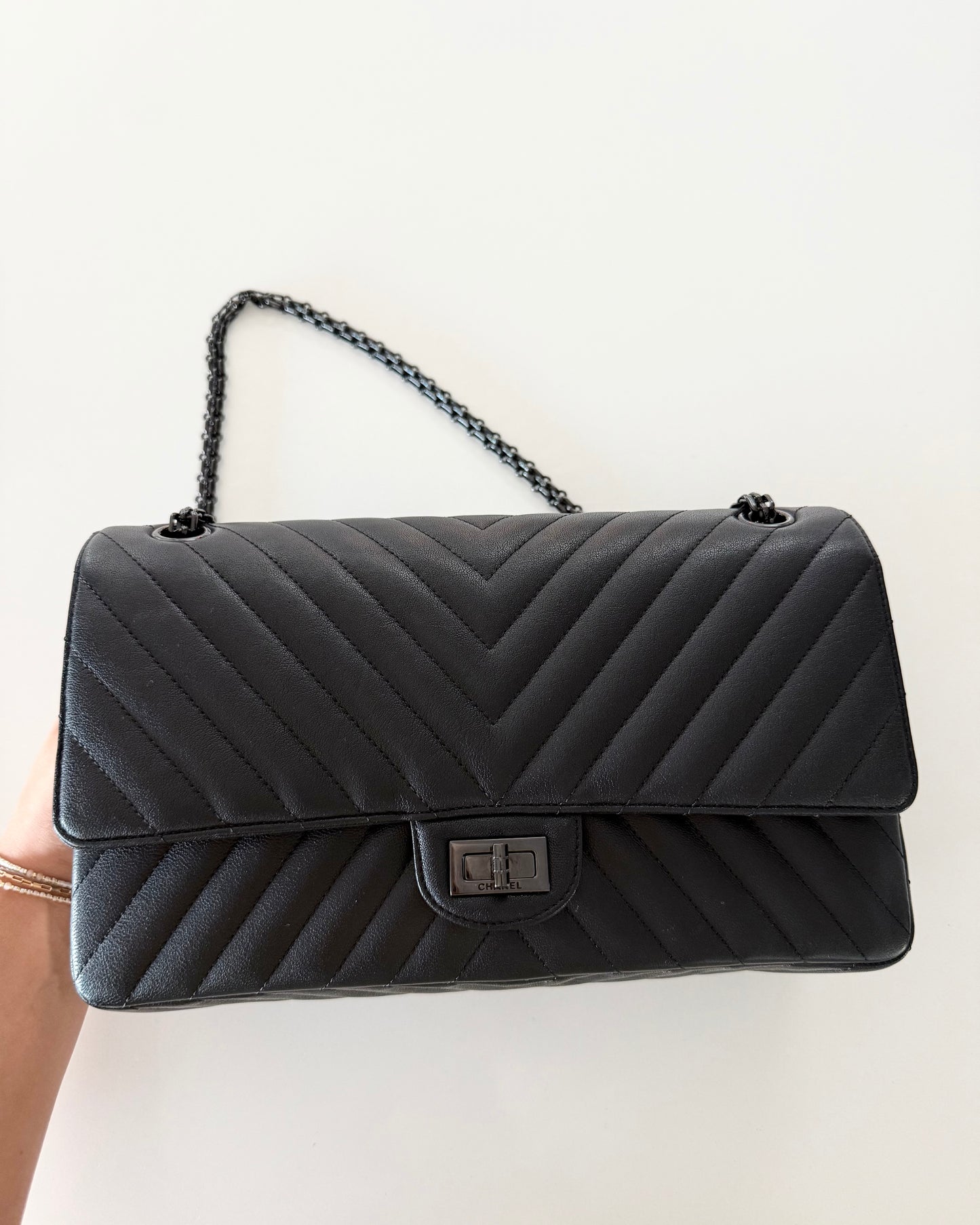 Chanel So Black 2.55 Reissue Chevron Quilted Calfskin Leather 226 Flap Bag