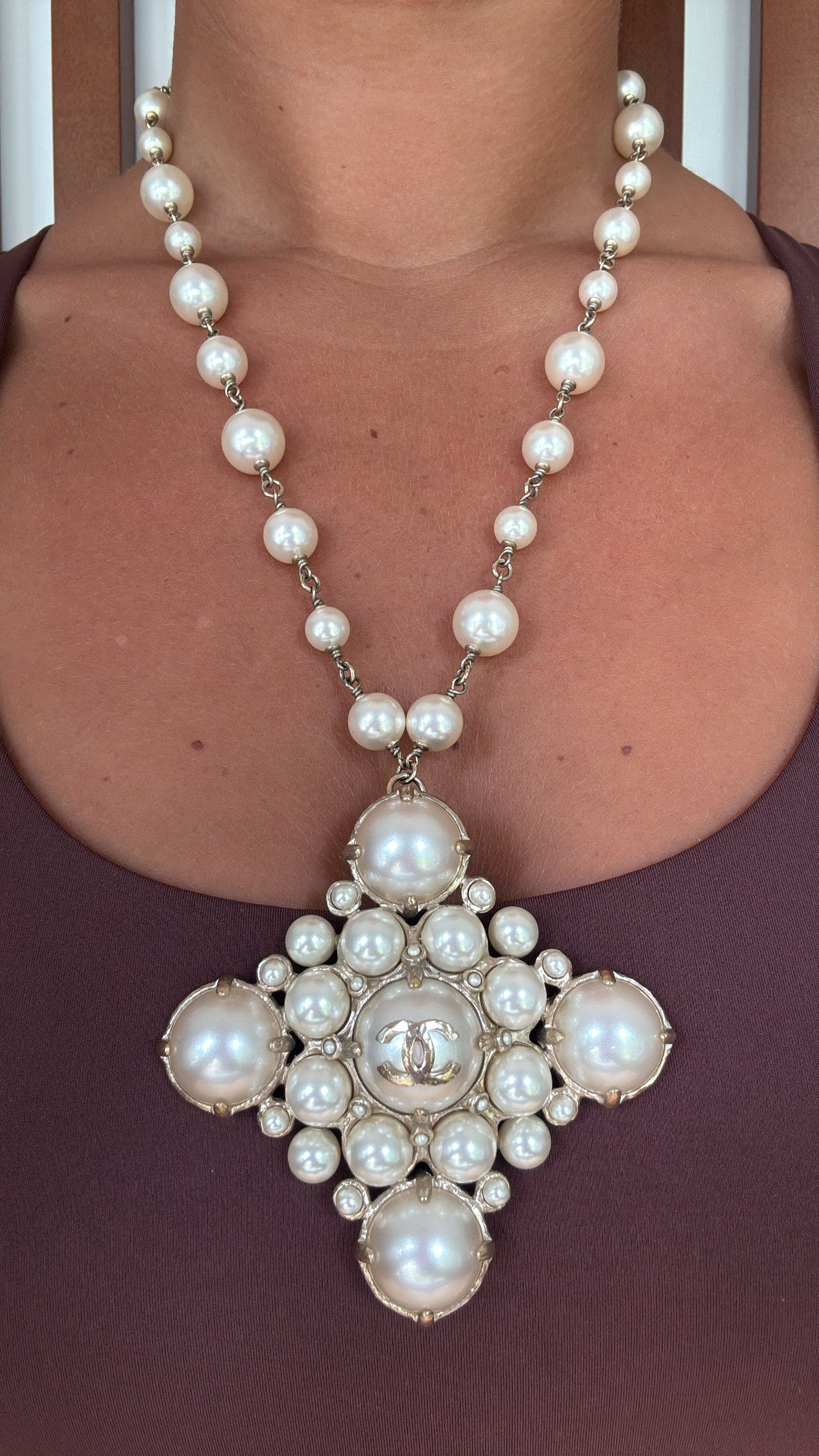 Chanel RARE Gold Metal Glass Pearl Medallion Necklace