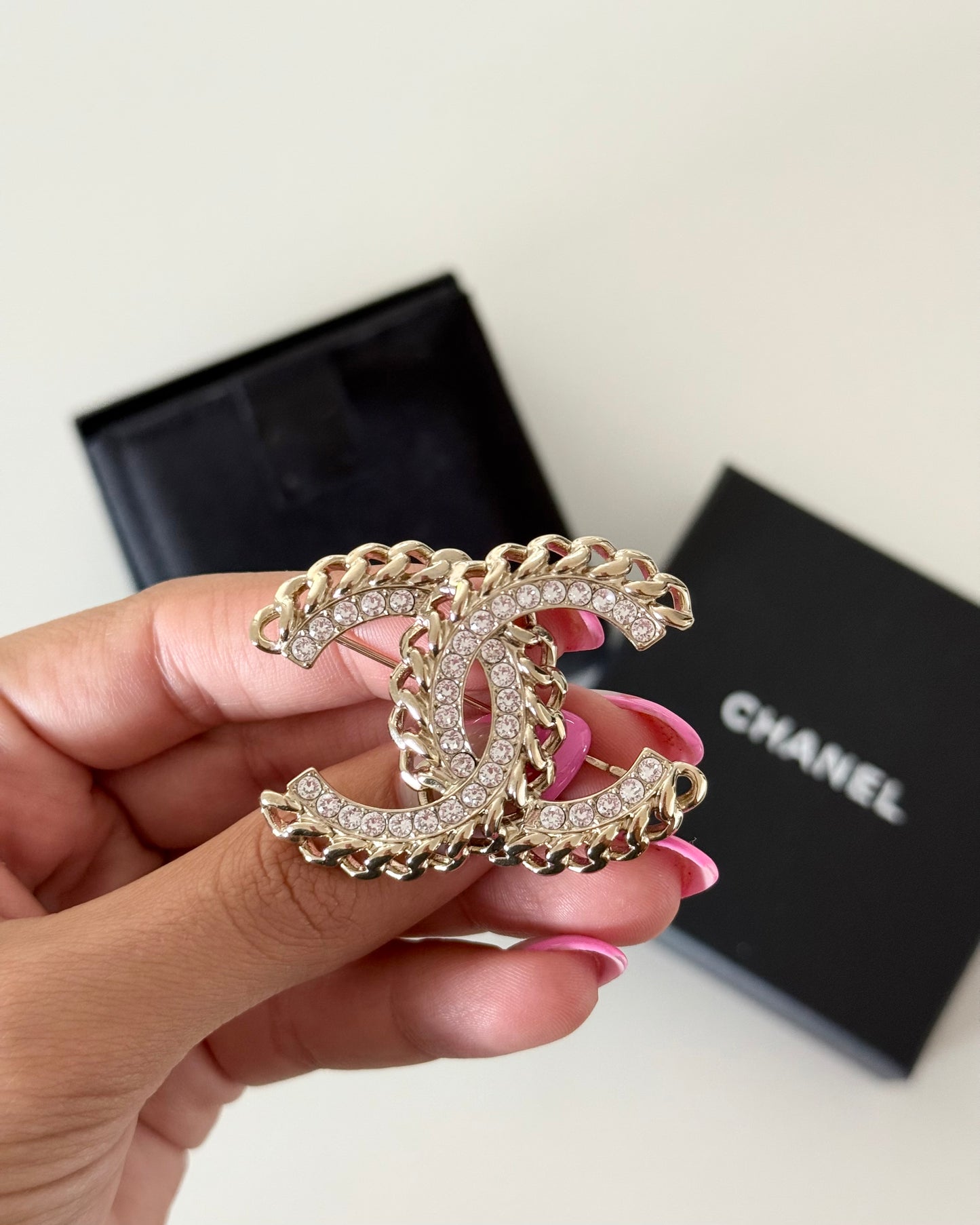 Chanel Goldtone Chain and Crystal Brooch