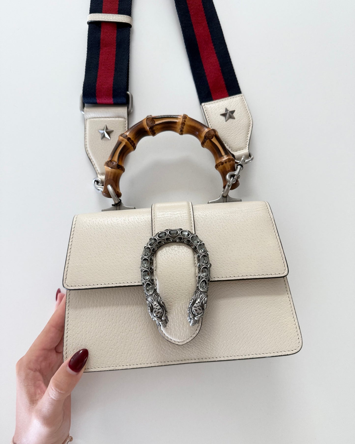Gucci White Pebbled Crystal Dionysus Web Mini Bamboo Top Handle