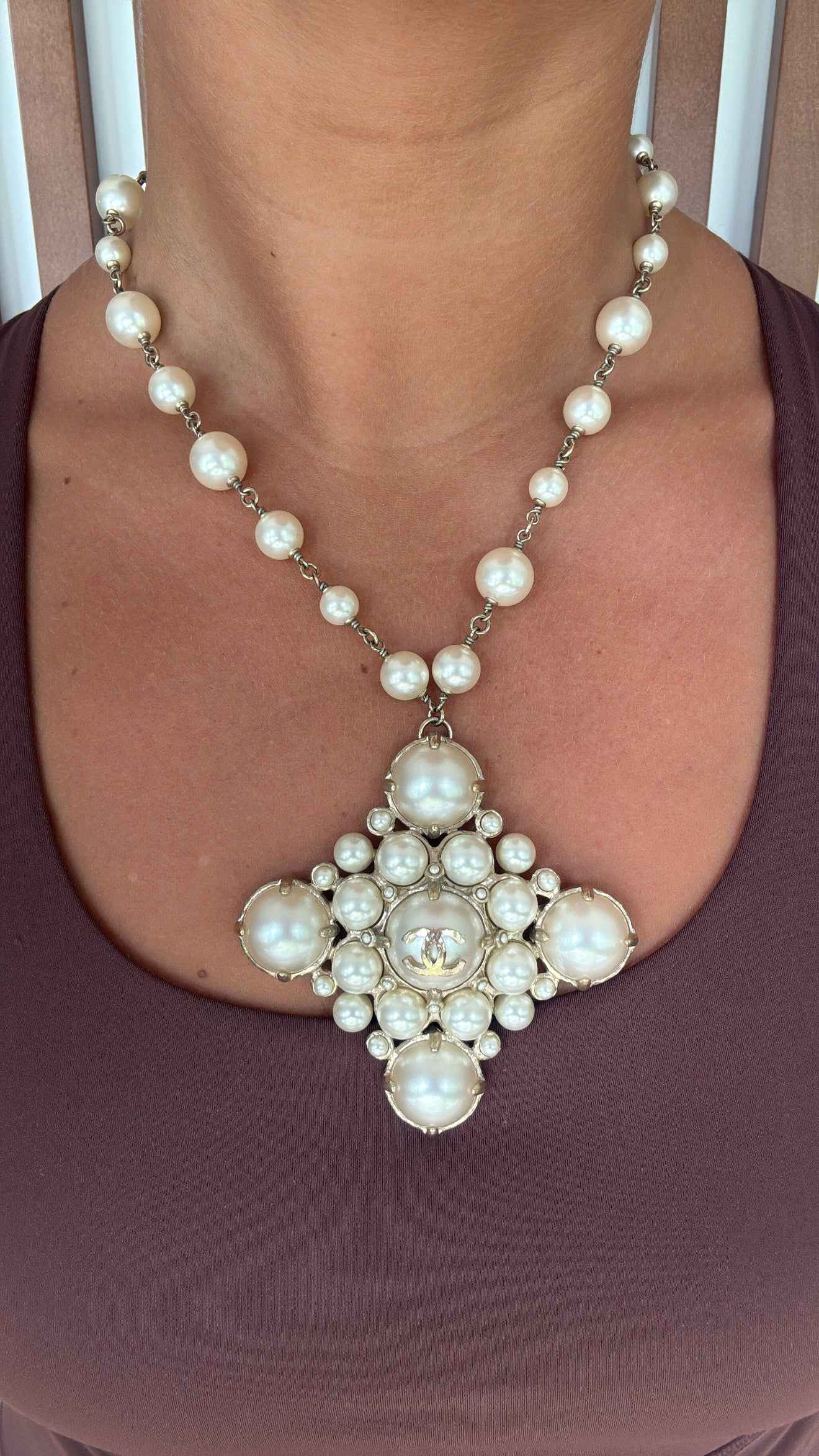Chanel RARE Gold Metal Glass Pearl Medallion Necklace