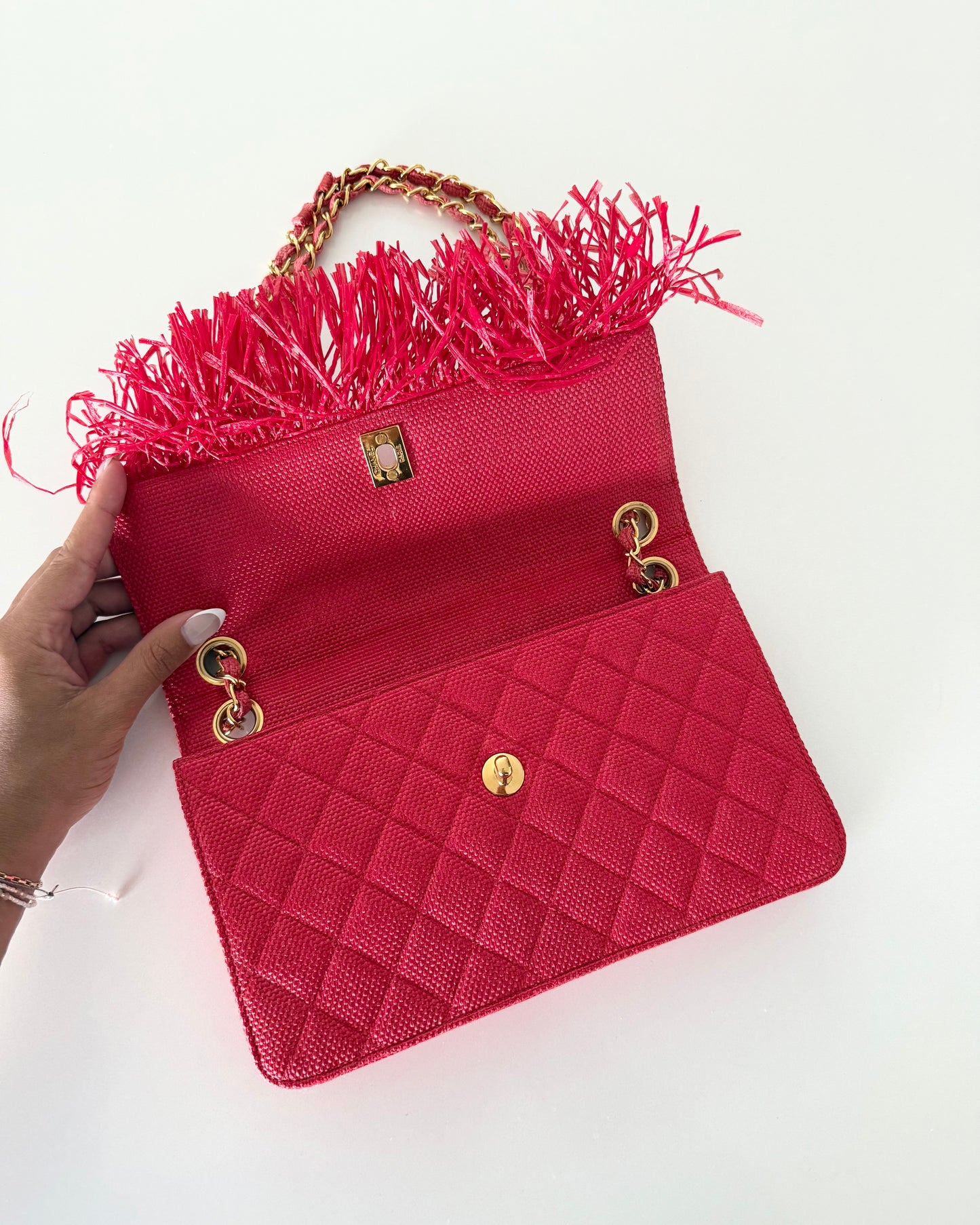 Chanel Woven Red Quilted Raffia Fringe Single Flap