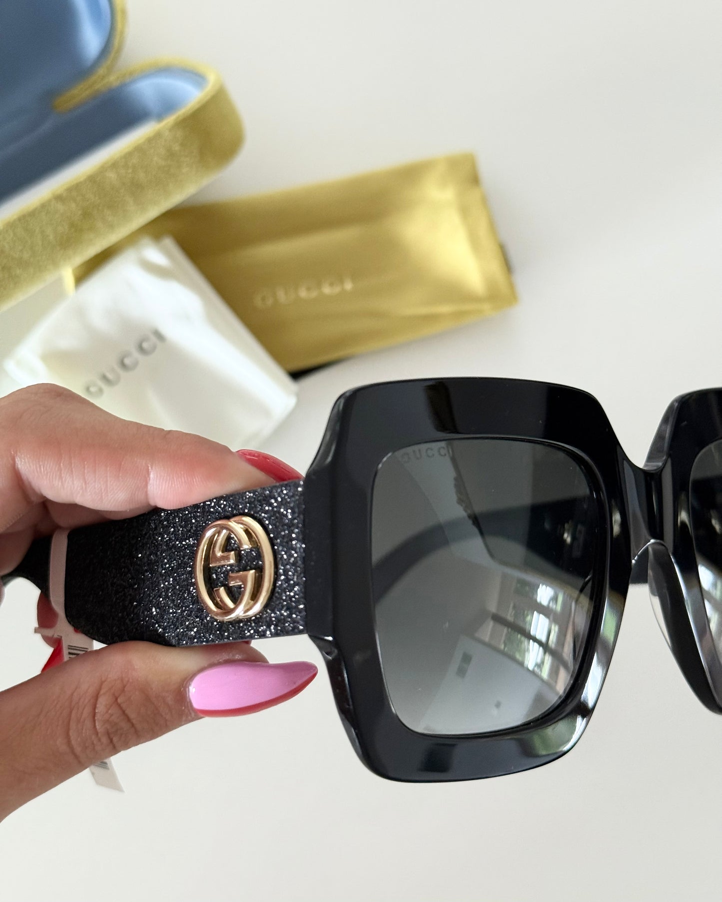 Gucci Black Square Sunnies with Glitter Sides