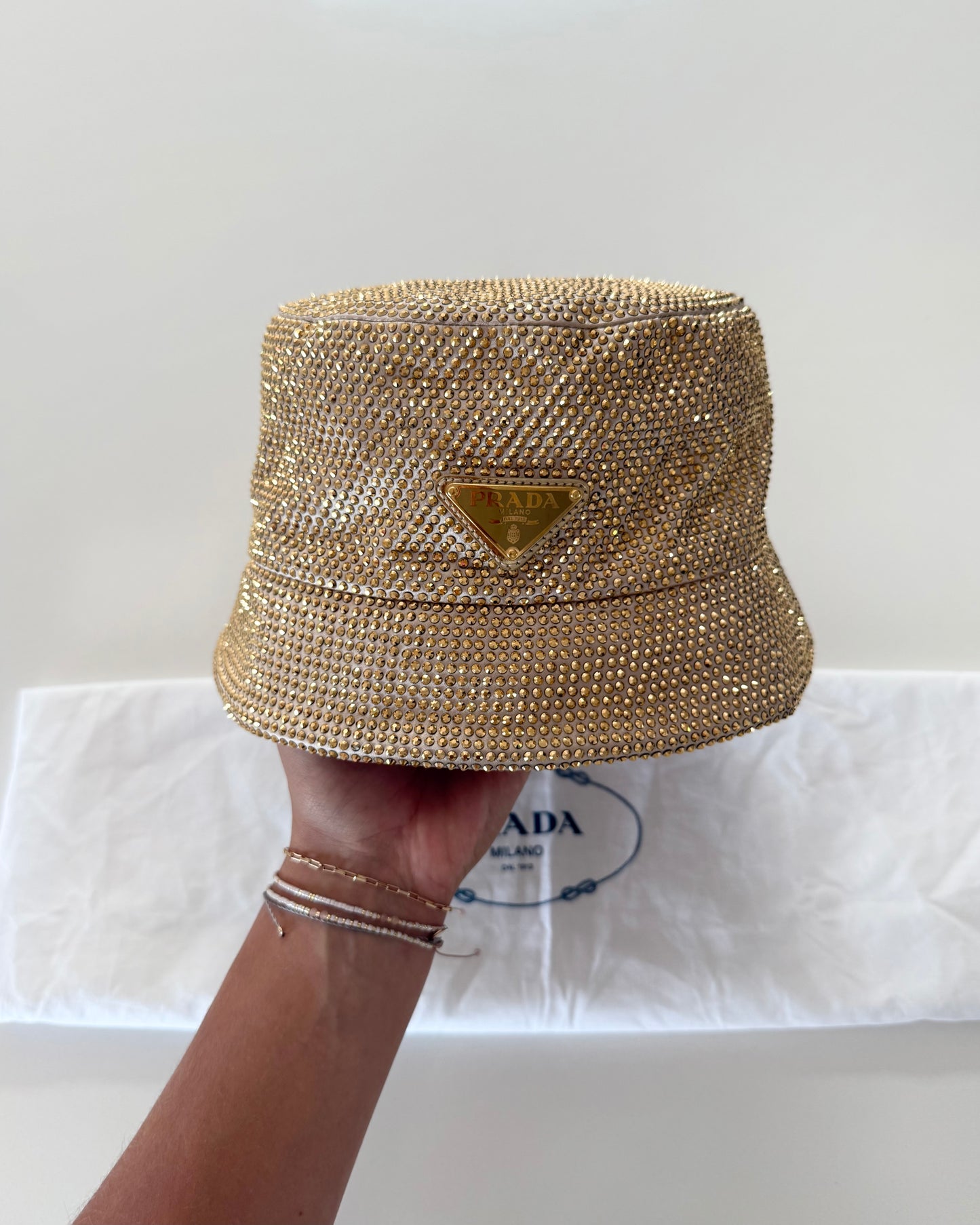 Prada Gold Crystal Satin Embellished Bucket Hat size Medium