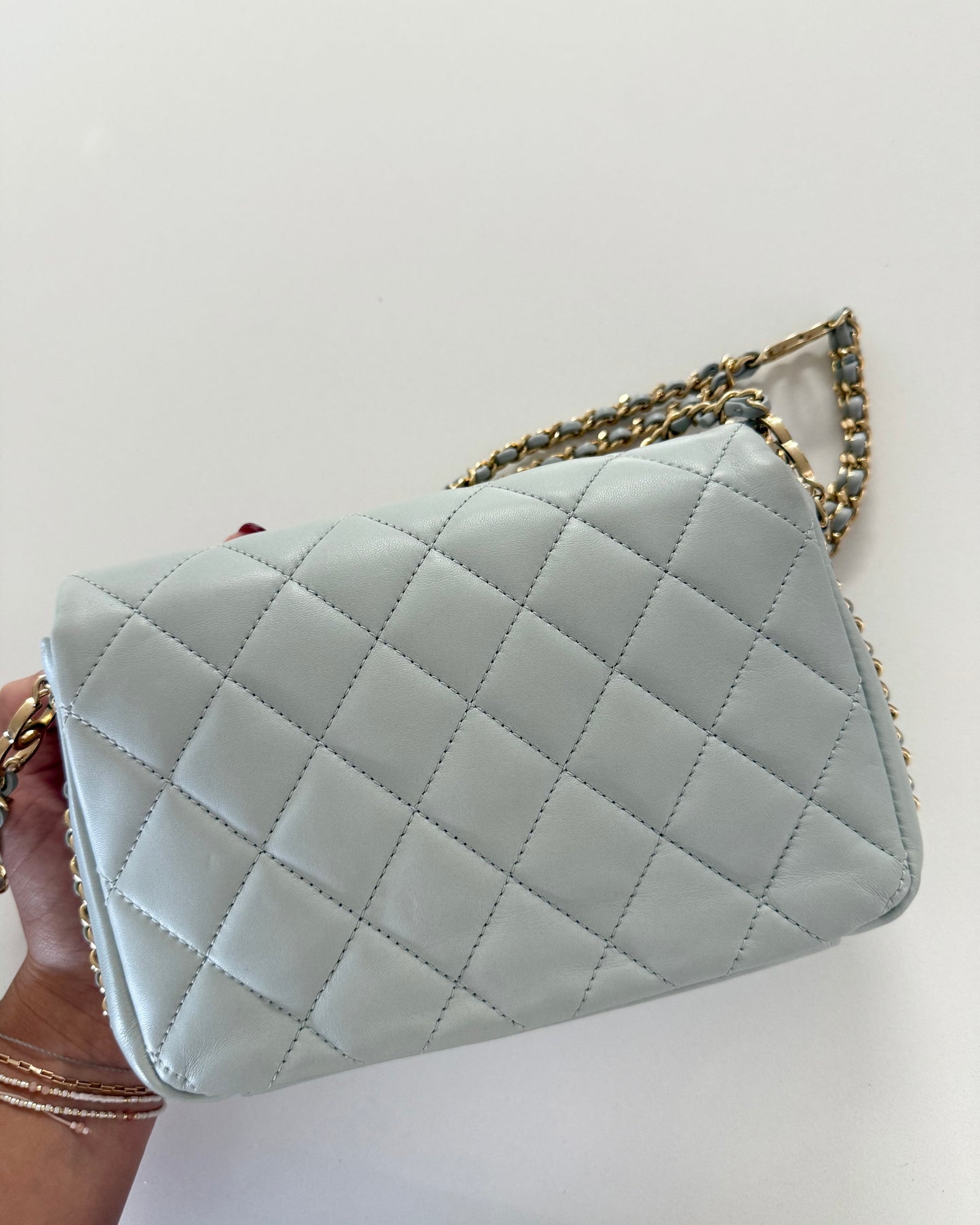 Chanel Light Grey Quilted Lambskin Leather CC Double Chain Flap Bag