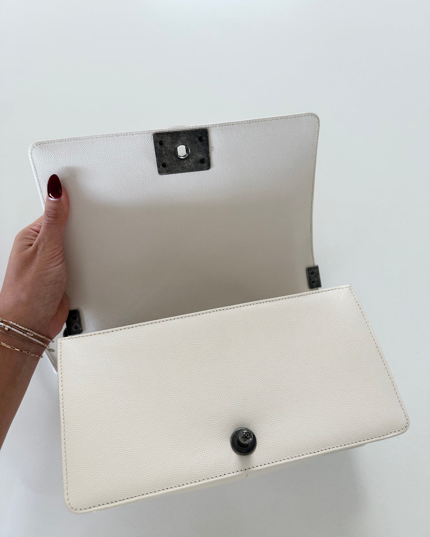Chanel Ivory Quilted Caviar Leather Medium Boy Bag