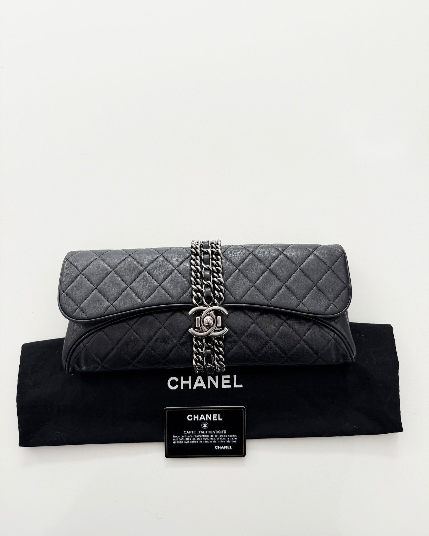 Chanel Black Lambskin Chain Flap Clutch