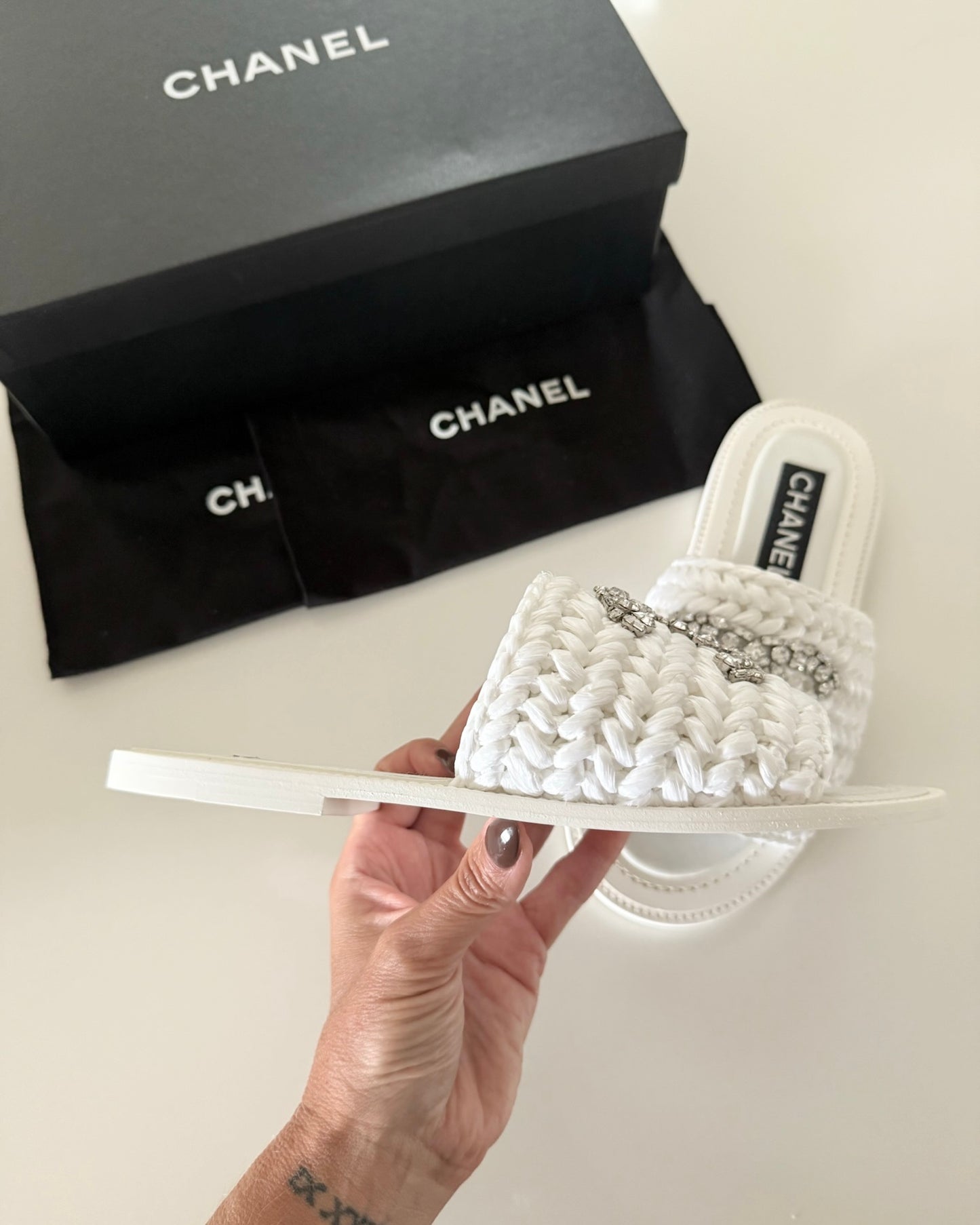 Chanel White Raffia and Leather Mules with Crystal Logo Size 37