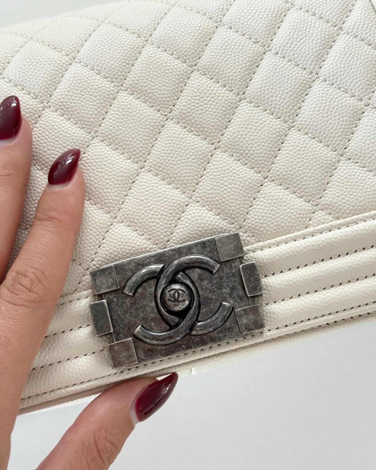 Chanel Ivory Quilted Caviar Leather Medium Boy Bag