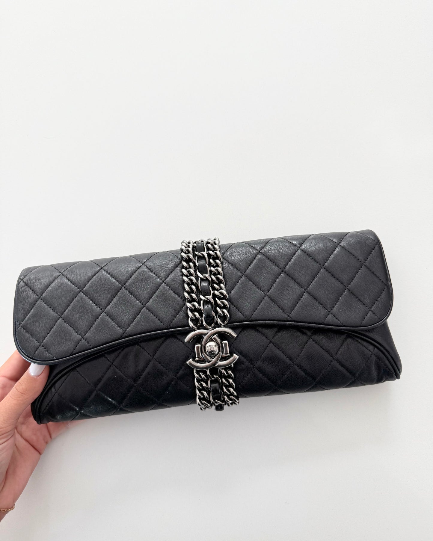 Chanel Black Lambskin Chain Flap Clutch