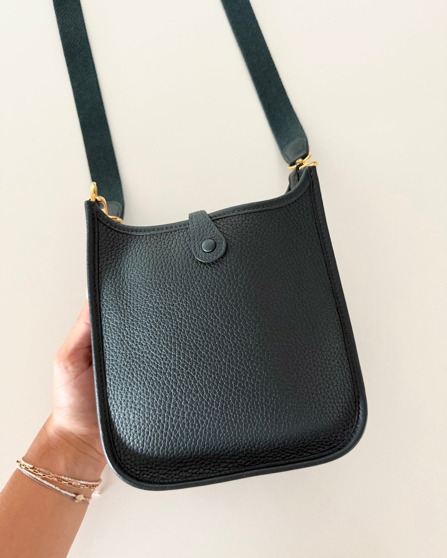 Hermes Vert Bosphore Clemence Leather Evelyne TPM w/Gold Plated Hardware from 2021