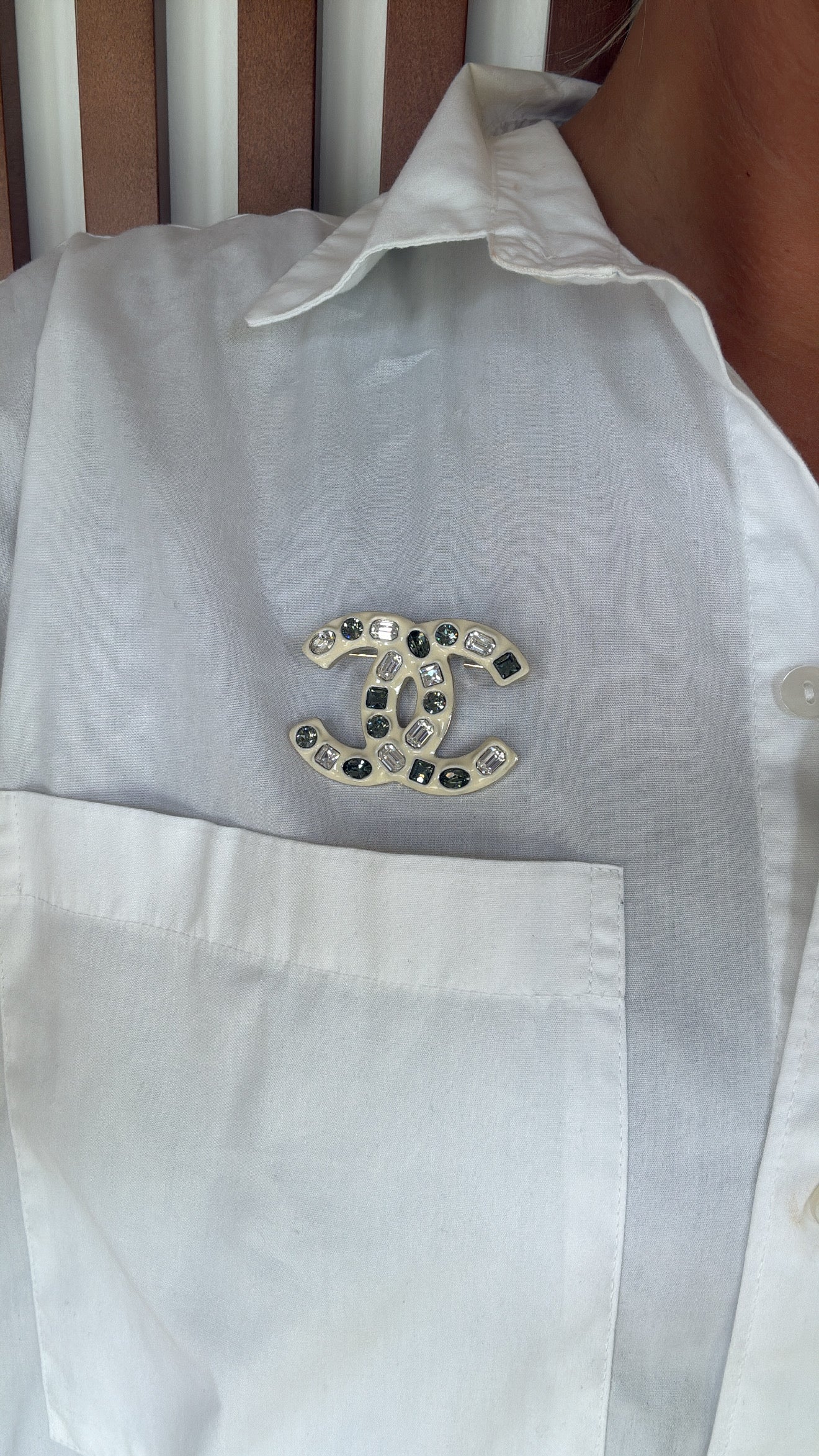 Chanel Ivory Enamel and Crystal Brooch