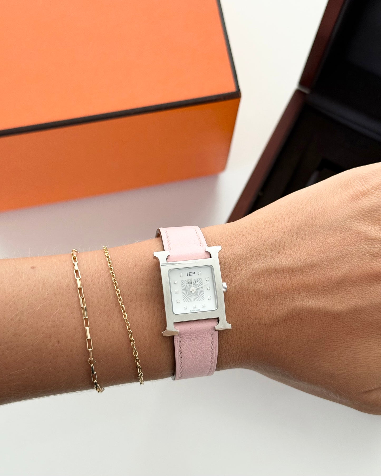 Hermes Pink Sakura and Steel Small Model Heure H Watch with Diamond Set and White Mother of Pearl dial from 2023