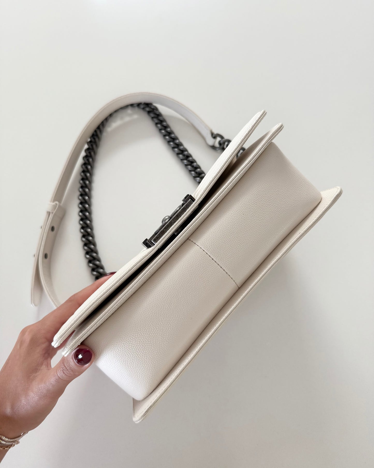 Chanel Ivory Quilted Caviar Leather Medium Boy Bag
