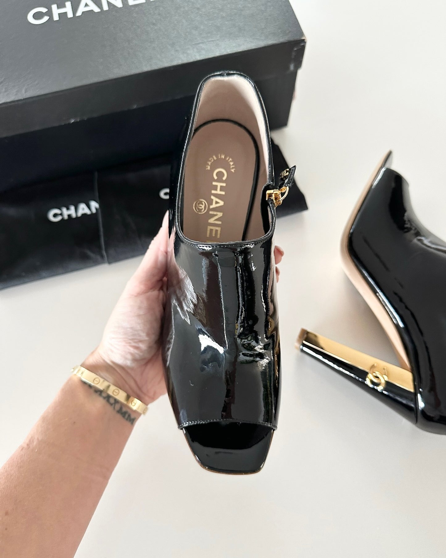 Chanel Black Patent Peep Toe Ankle Boots from 09C Size 38