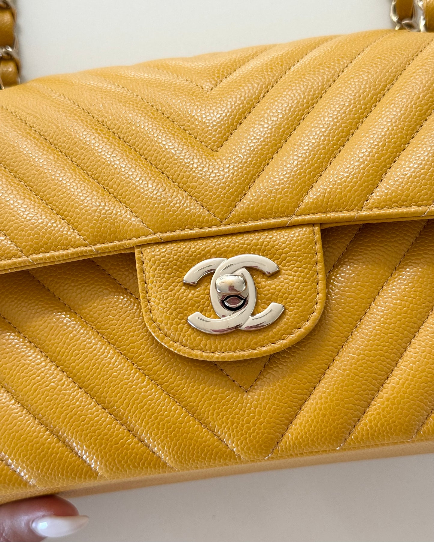 Chanel Dark Yellow Chevron Caviar Small Double Flap 30 series from 2020-21
