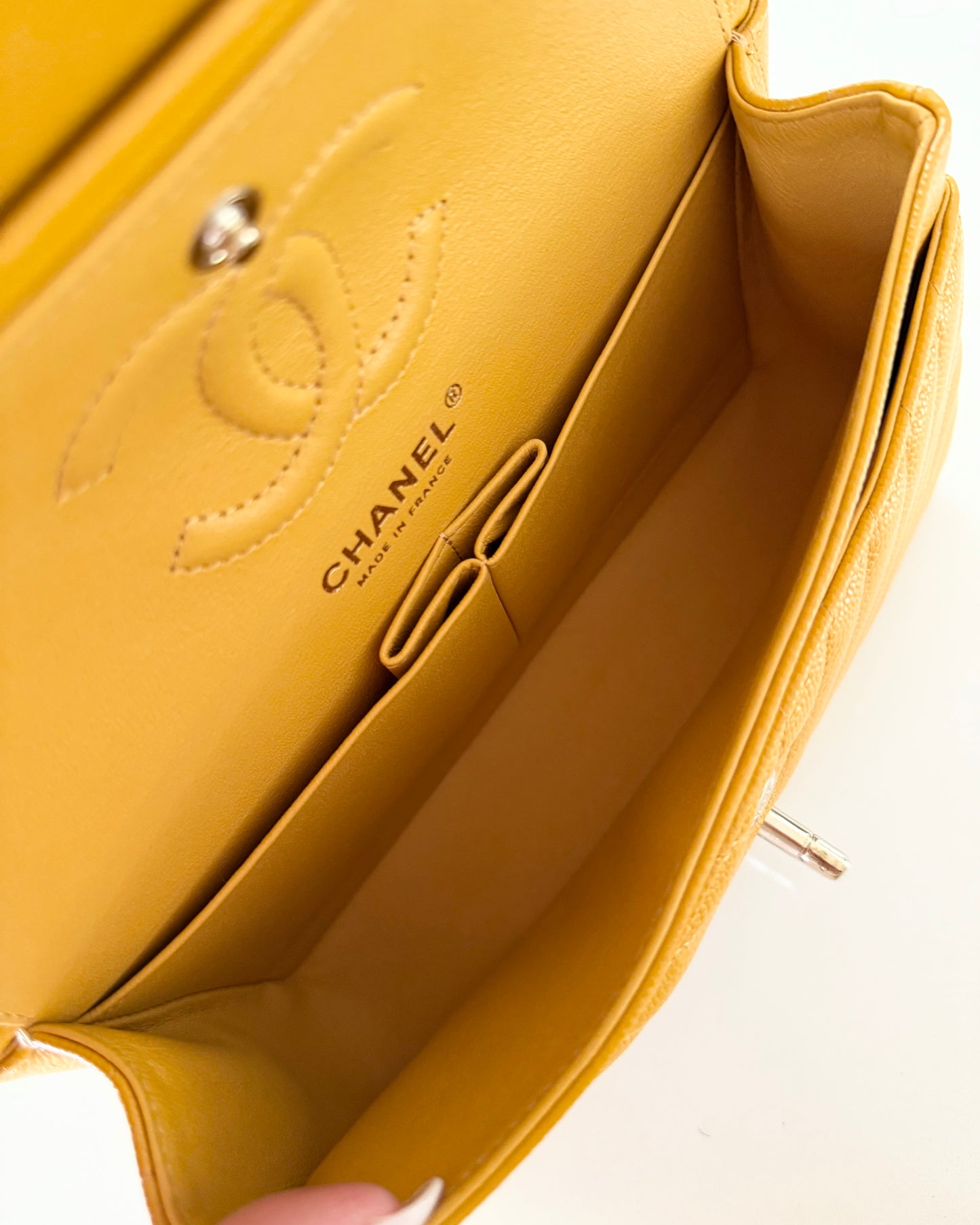 Chanel Dark Yellow Chevron Caviar Small Double Flap 30 series from 2020-21