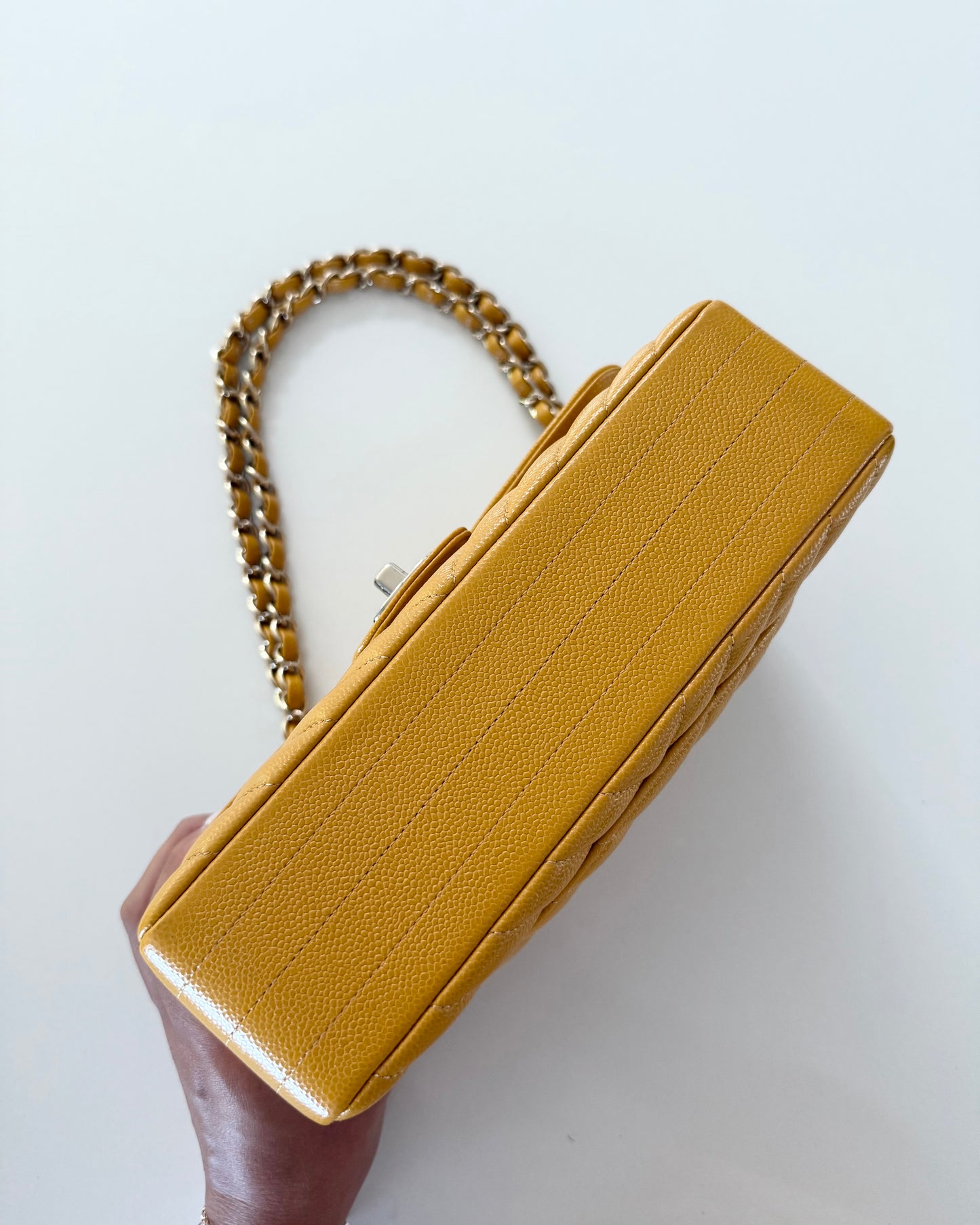 Chanel Dark Yellow Chevron Caviar Small Double Flap 30 series from 2020-21