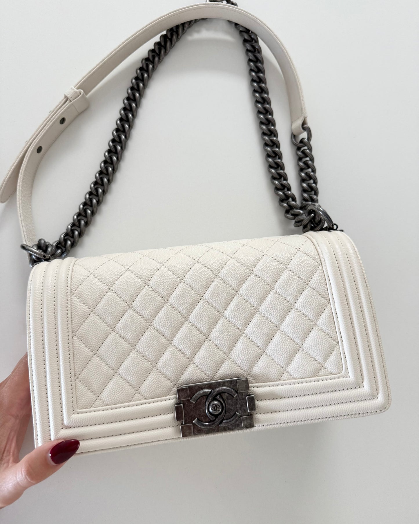 Chanel Ivory Quilted Caviar Leather Medium Boy Bag