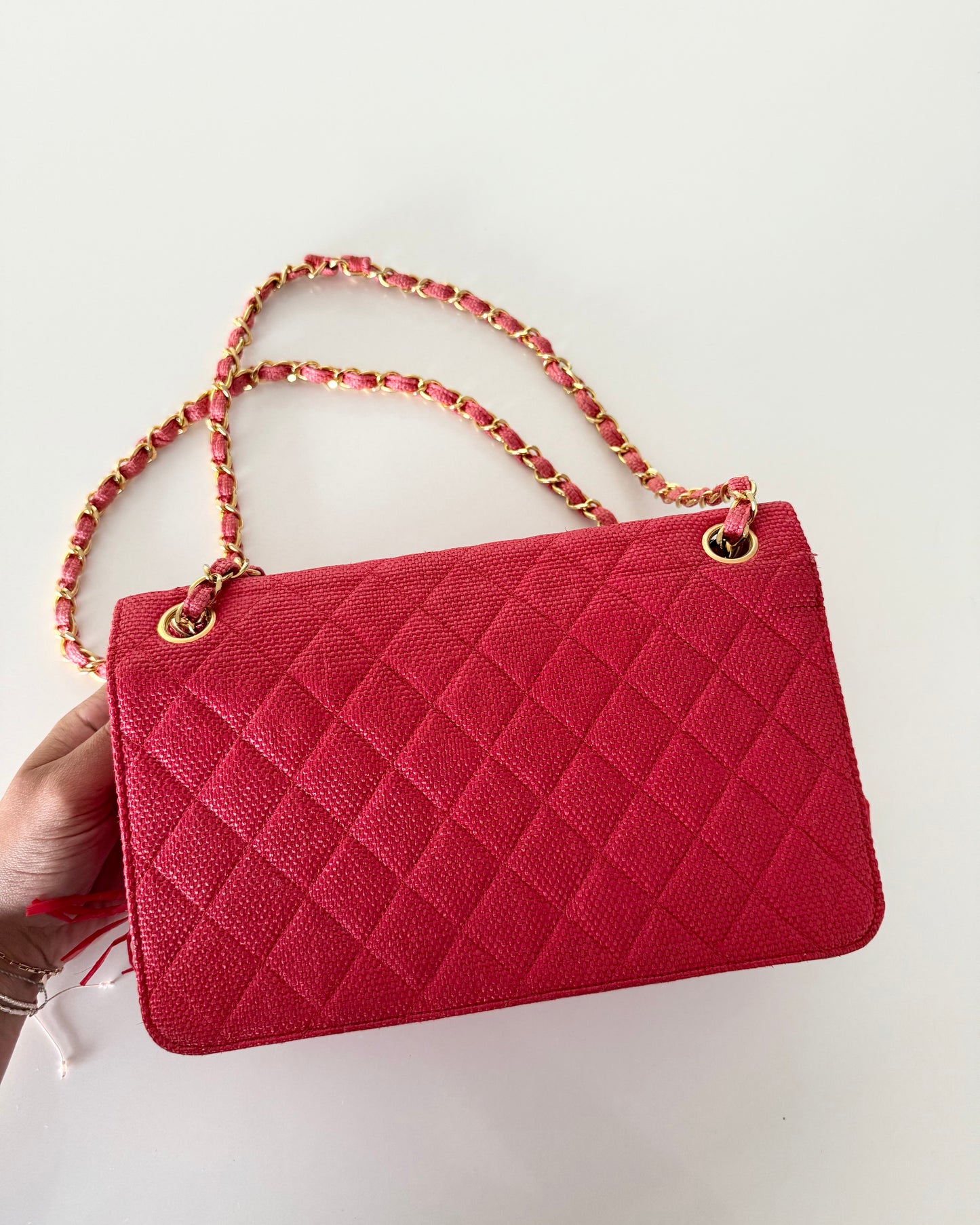 Chanel Woven Red Quilted Raffia Fringe Single Flap