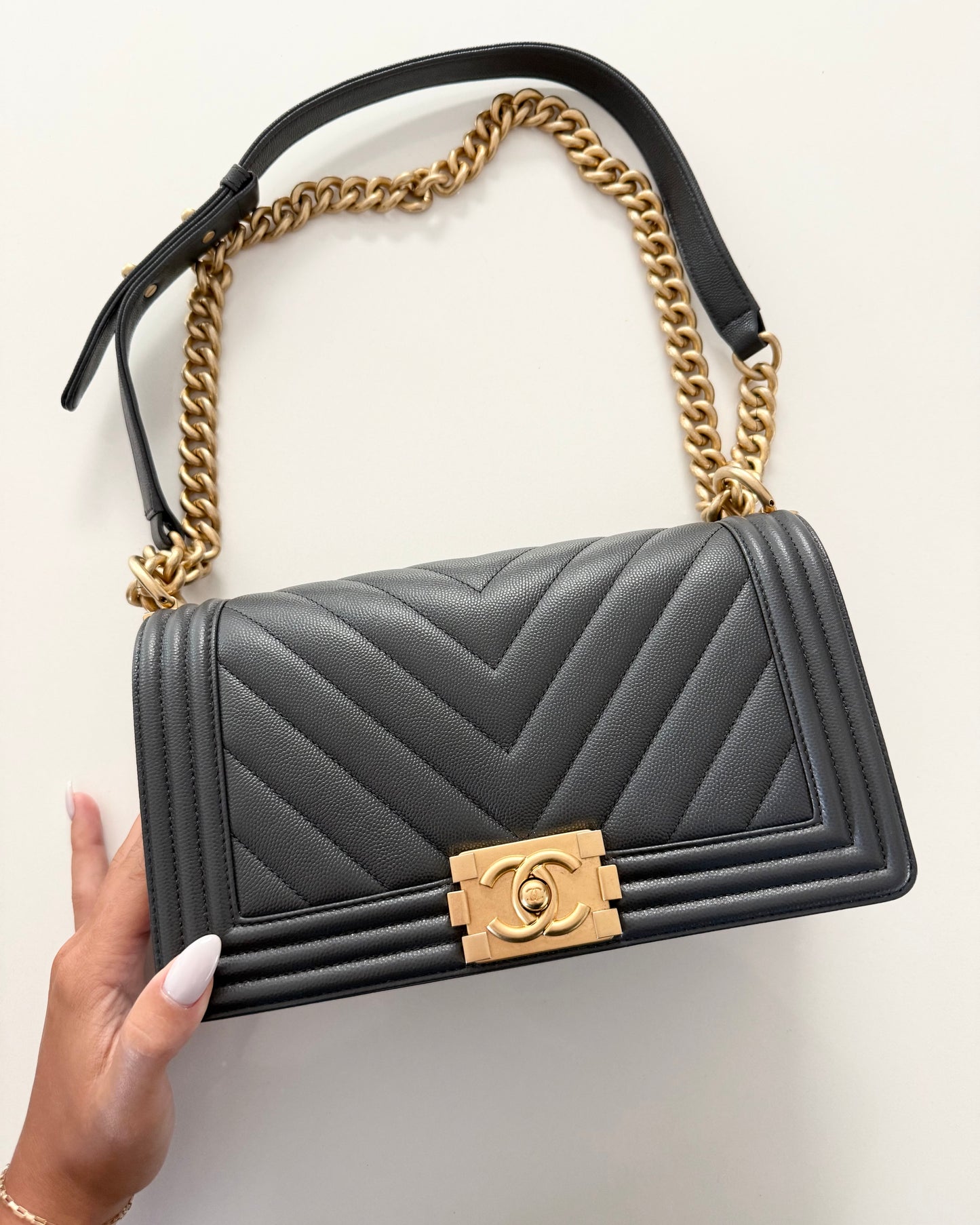 Chanel Dark Grey Caviar Medium Boy Bag