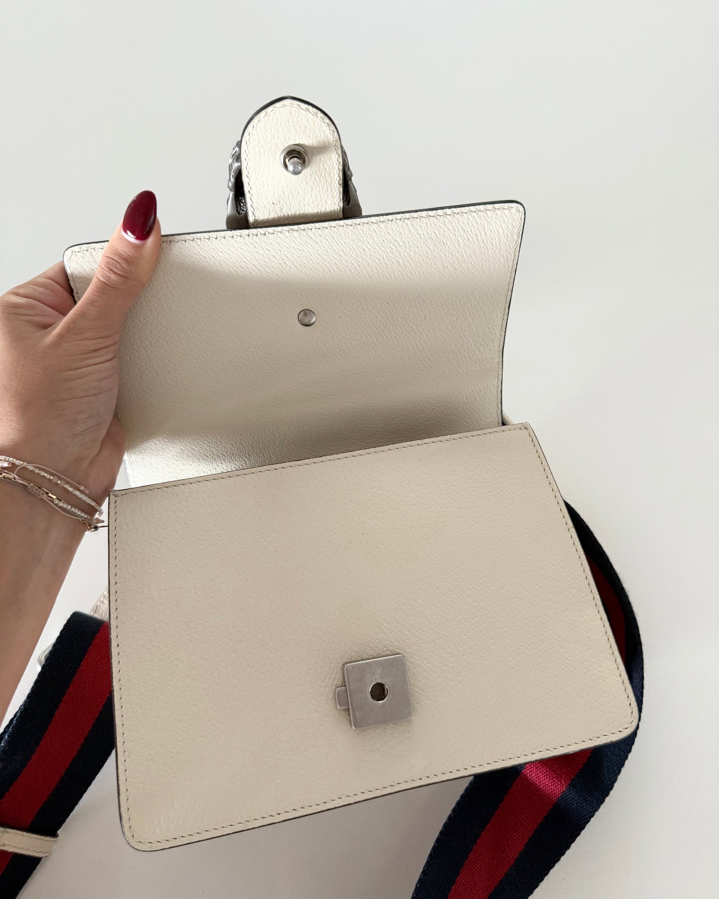 Gucci White Pebbled Crystal Dionysus Web Mini Bamboo Top Handle