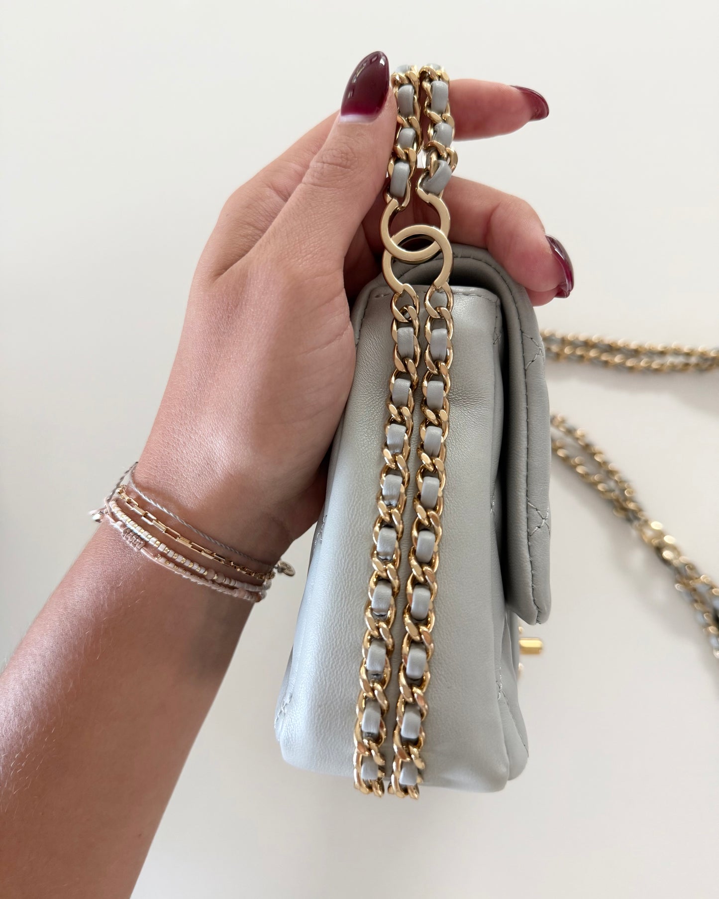 Chanel Light Grey Quilted Lambskin Leather CC Double Chain Flap Bag