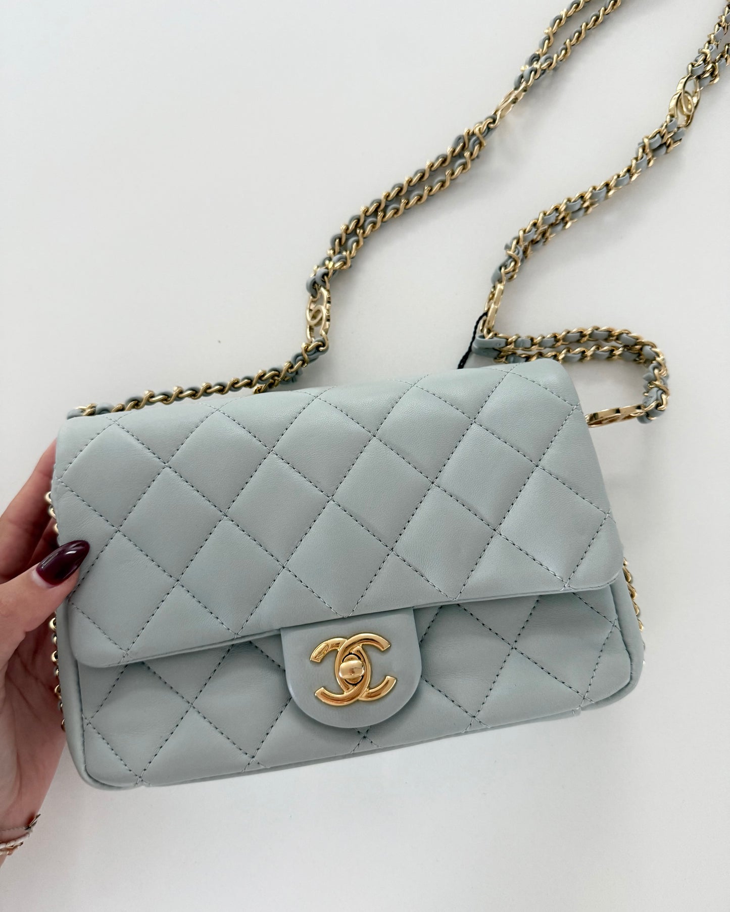 Chanel Light Grey Quilted Lambskin Leather CC Double Chain Flap Bag