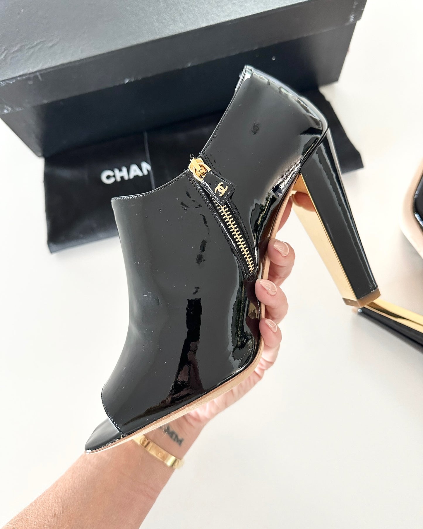 Chanel Black Patent Peep Toe Ankle Boots from 09C Size 38