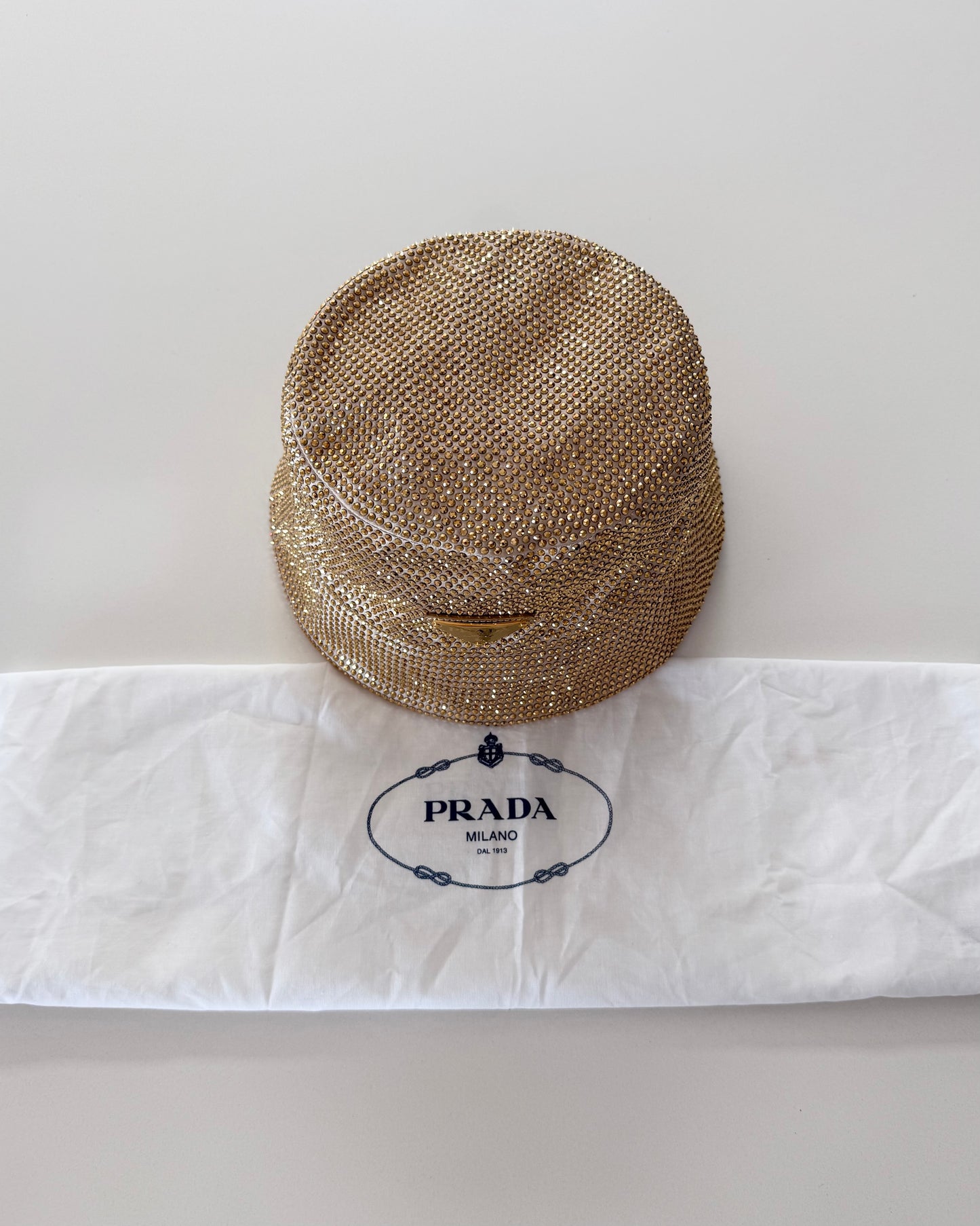 Prada Gold Crystal Satin Embellished Bucket Hat size Medium