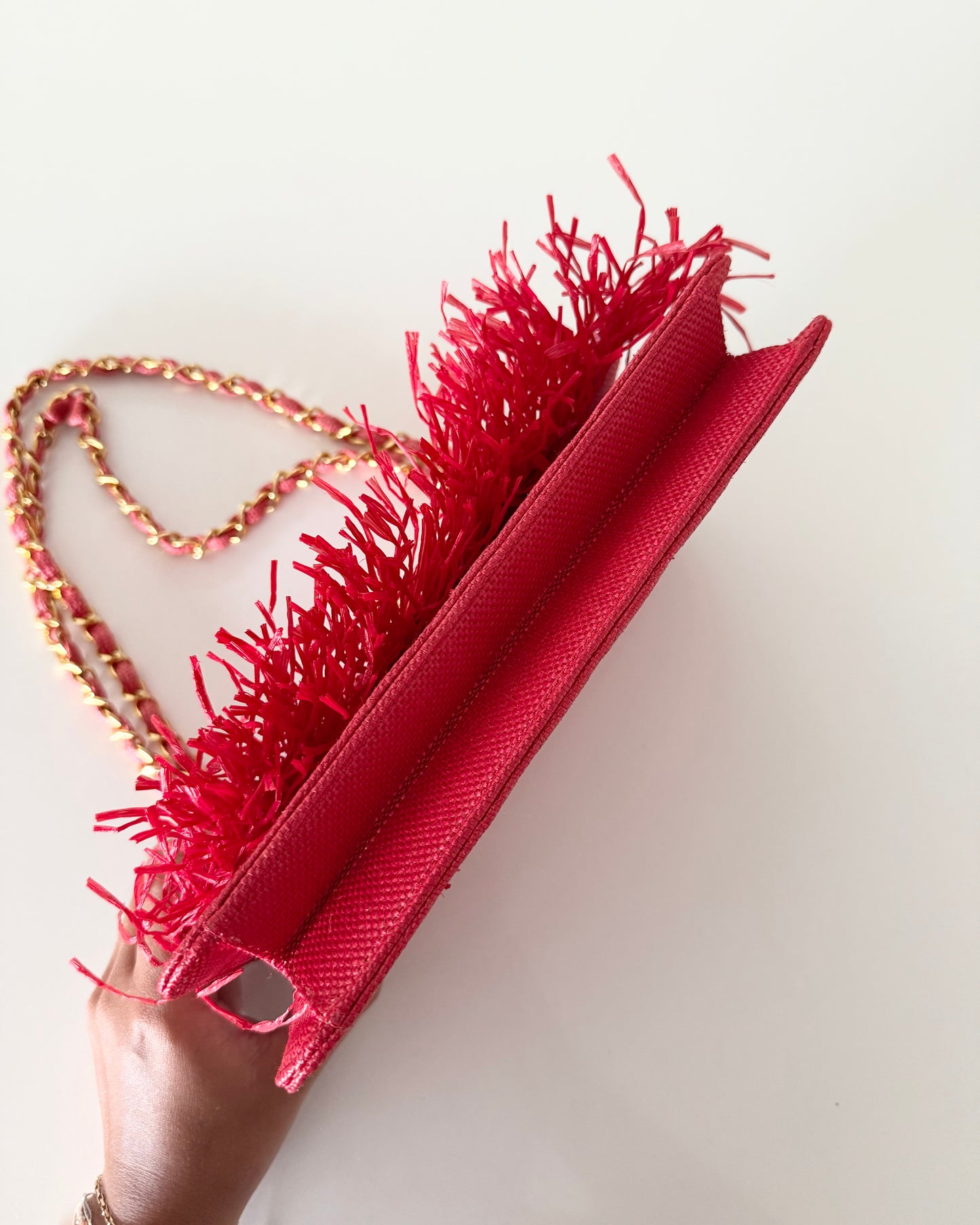 Chanel Woven Red Quilted Raffia Fringe Single Flap