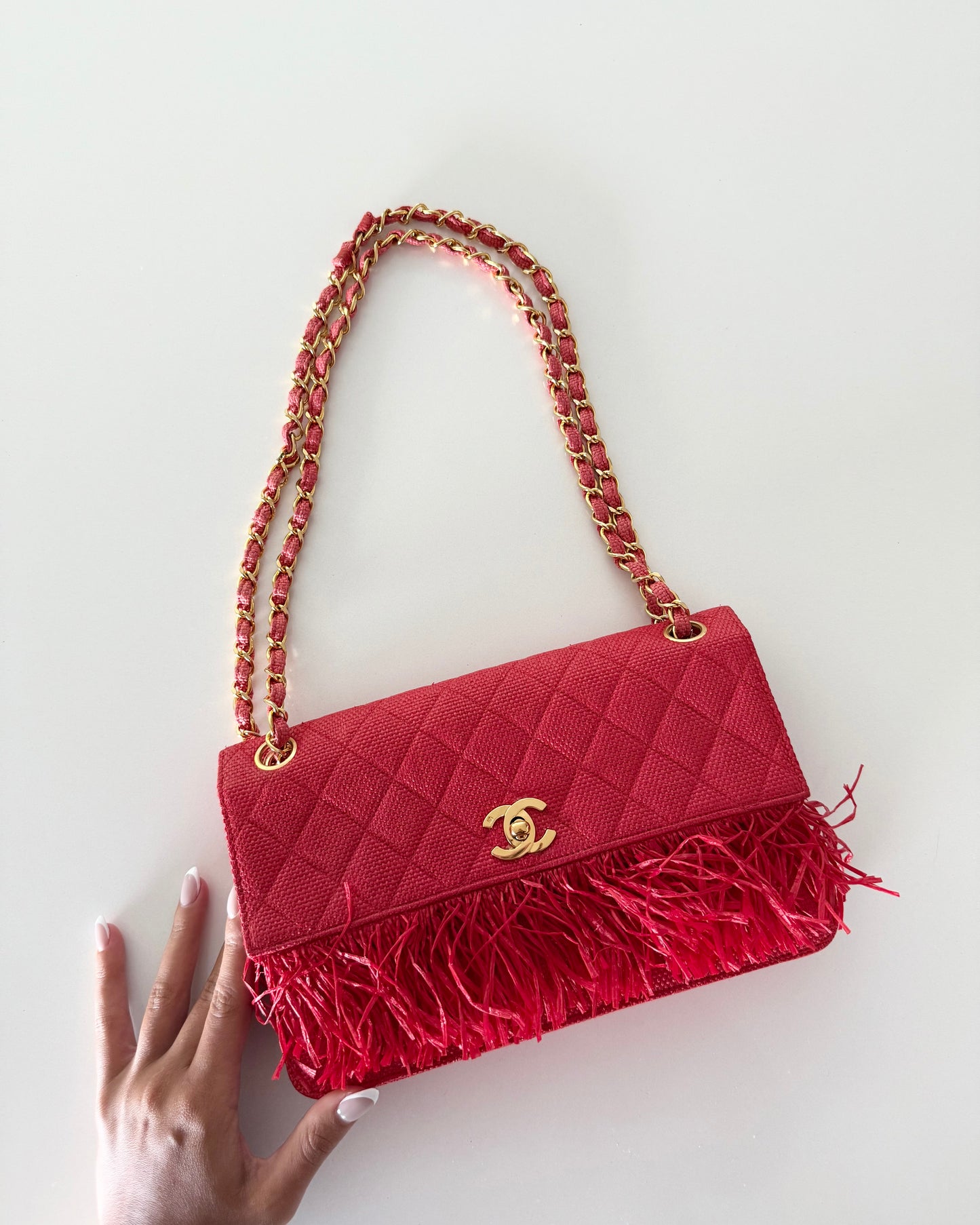Chanel Woven Red Quilted Raffia Fringe Single Flap