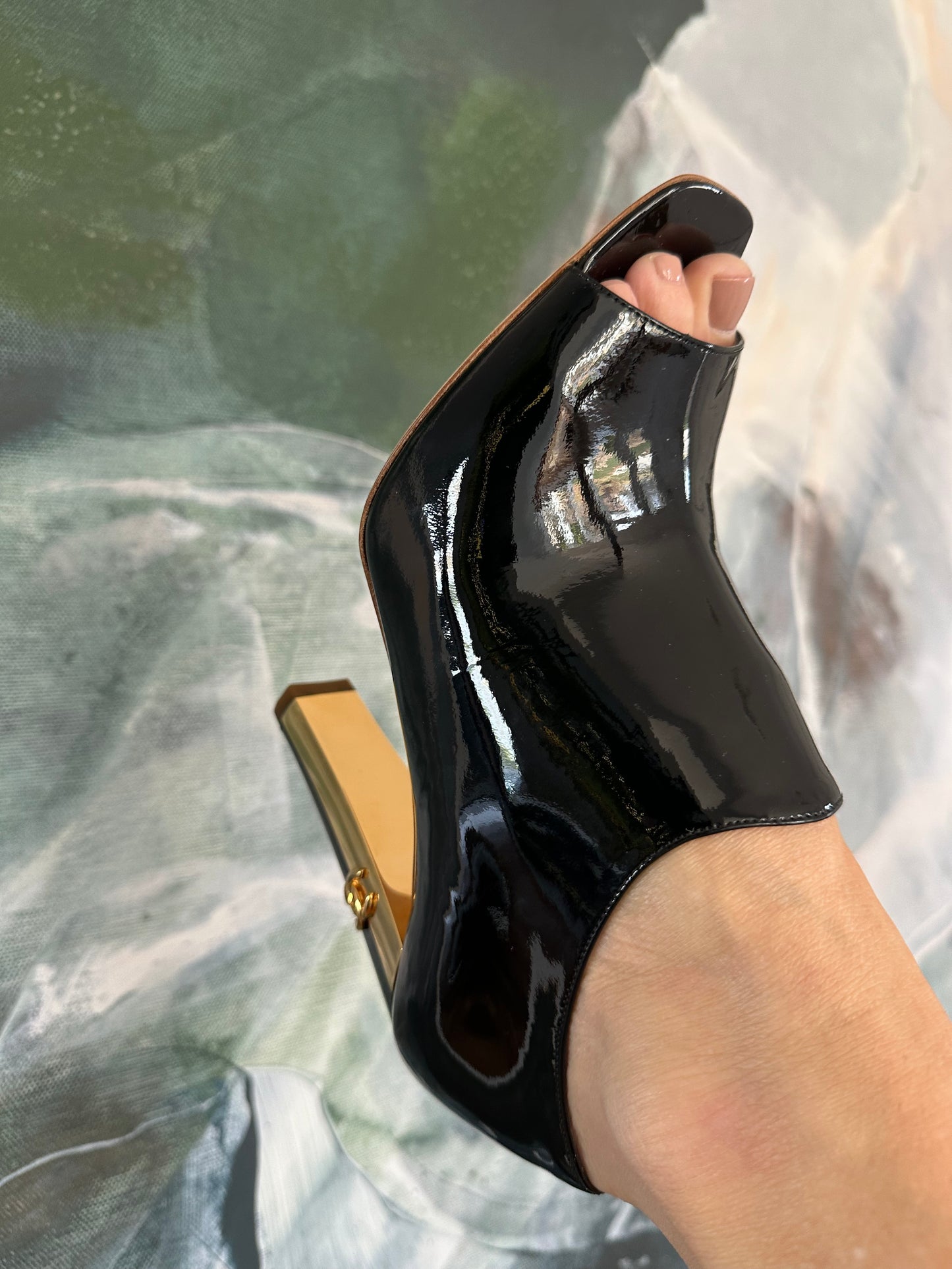 Chanel Black Patent Peep Toe Ankle Boots from 09C Size 38