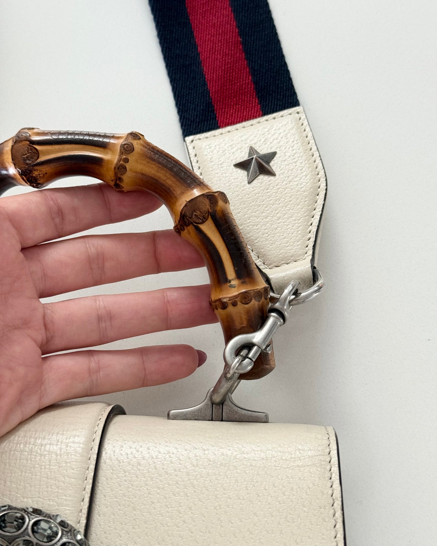 Gucci White Pebbled Crystal Dionysus Web Mini Bamboo Top Handle
