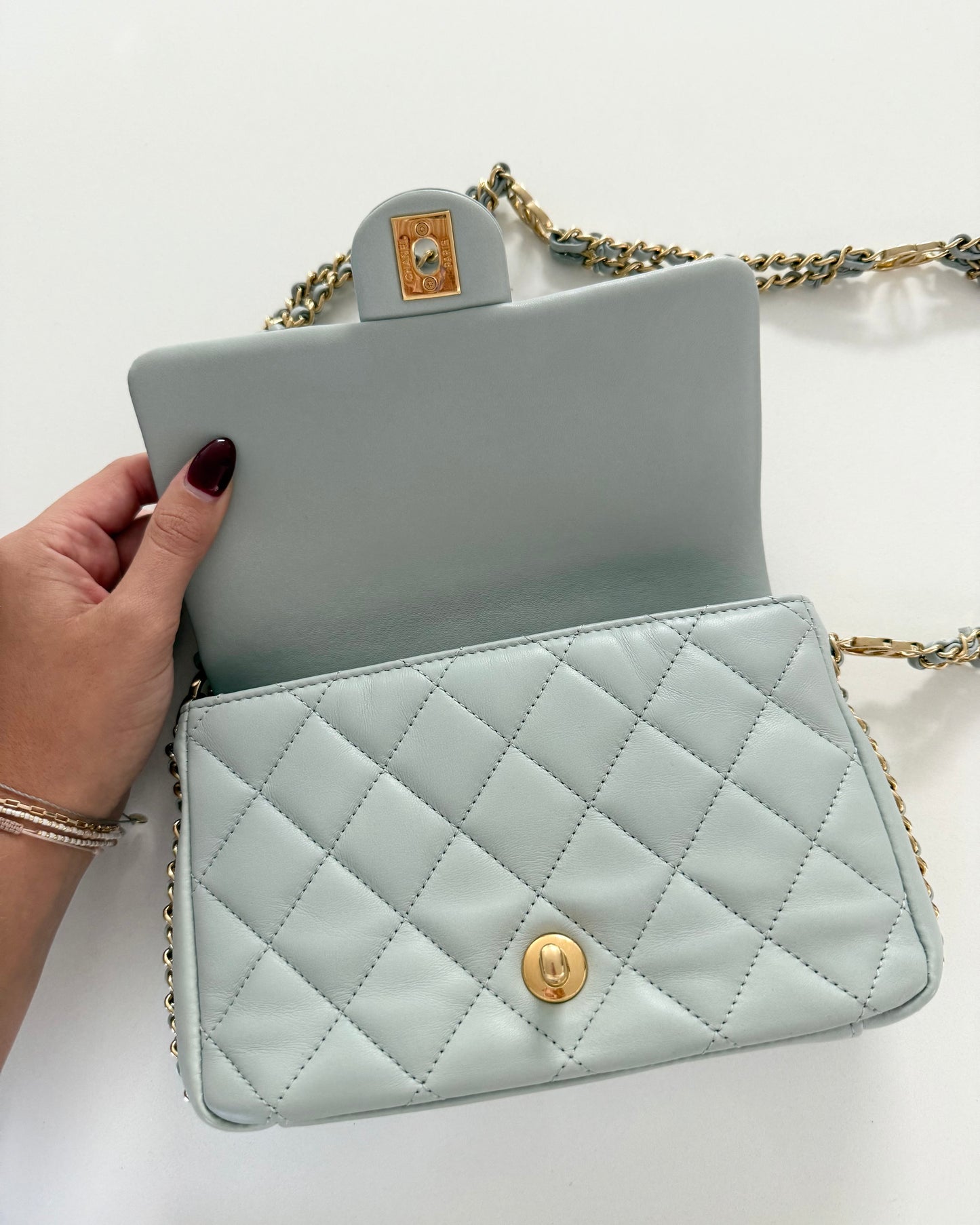Chanel Light Grey Quilted Lambskin Leather CC Double Chain Flap Bag