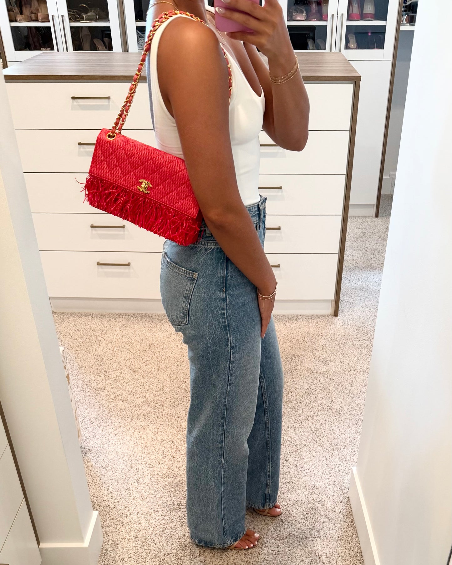 Chanel Woven Red Quilted Raffia Fringe Single Flap
