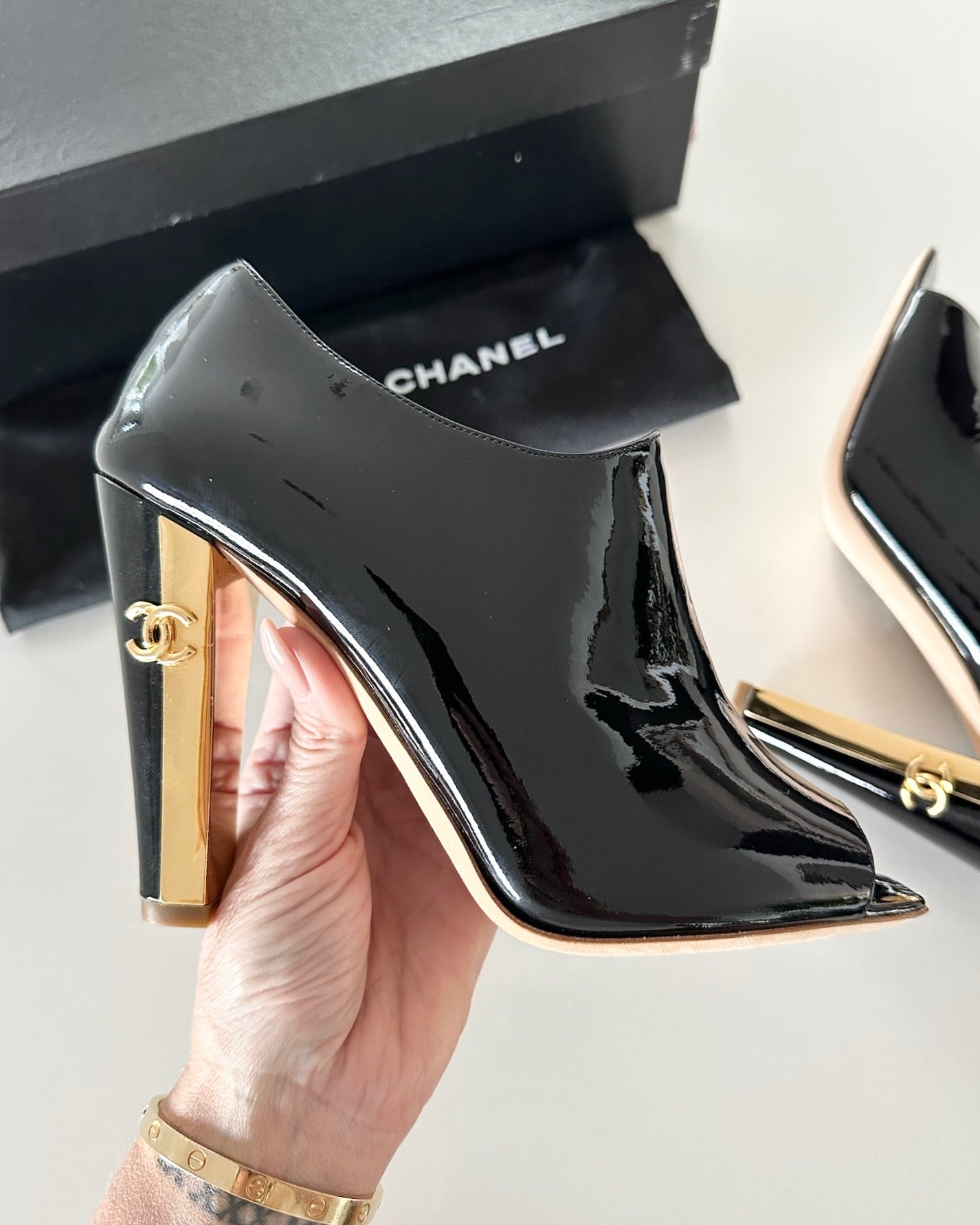 Chanel Black Patent Peep Toe Ankle Boots from 09C Size 38