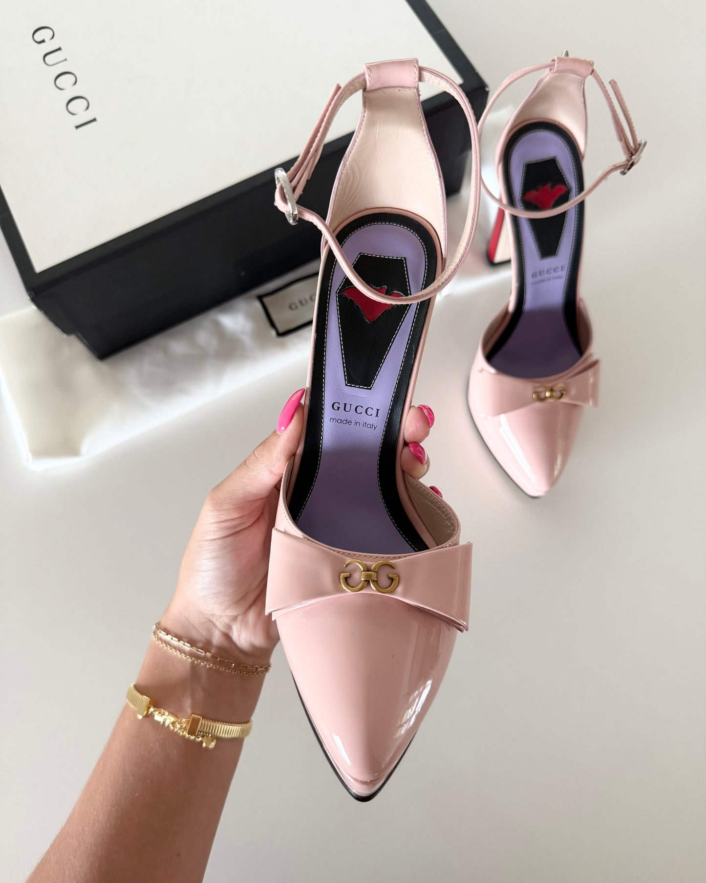 Gucci Light Pink Patent Logo Bow and Spiked D’Orsay with Red Platform Heels Size 36