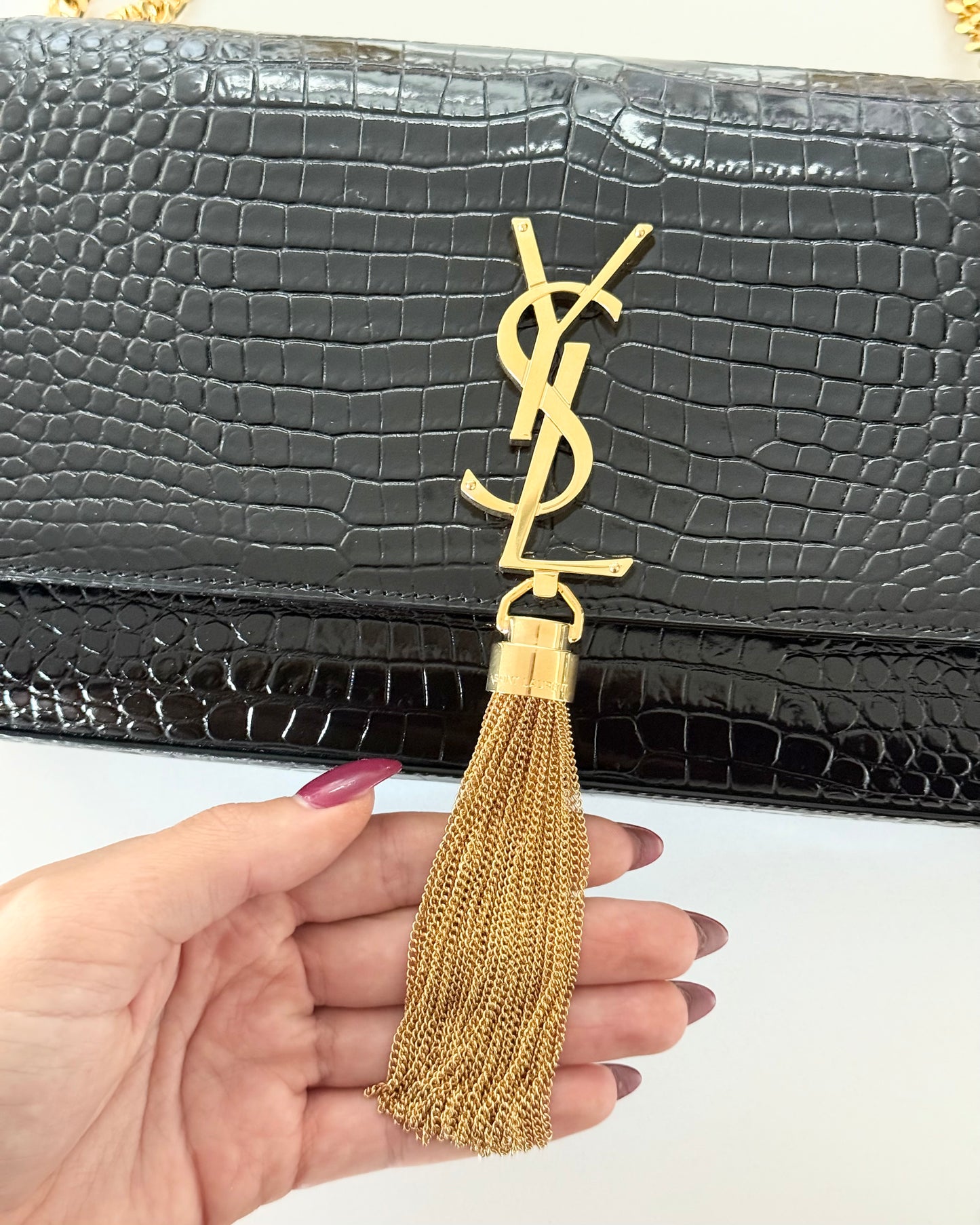 Saint Laurent Black Croc Embossed Patent Leather Medium Kate