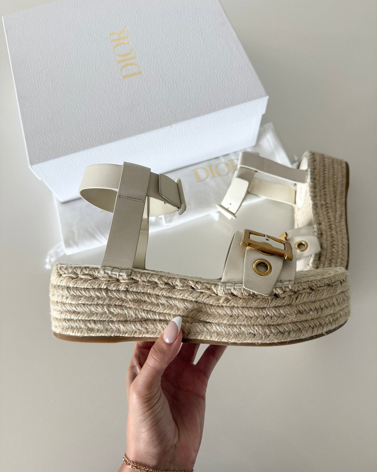 Christian Dior White D-Dior Wedged Platform Ankle Wrap Espadrilles Size 40