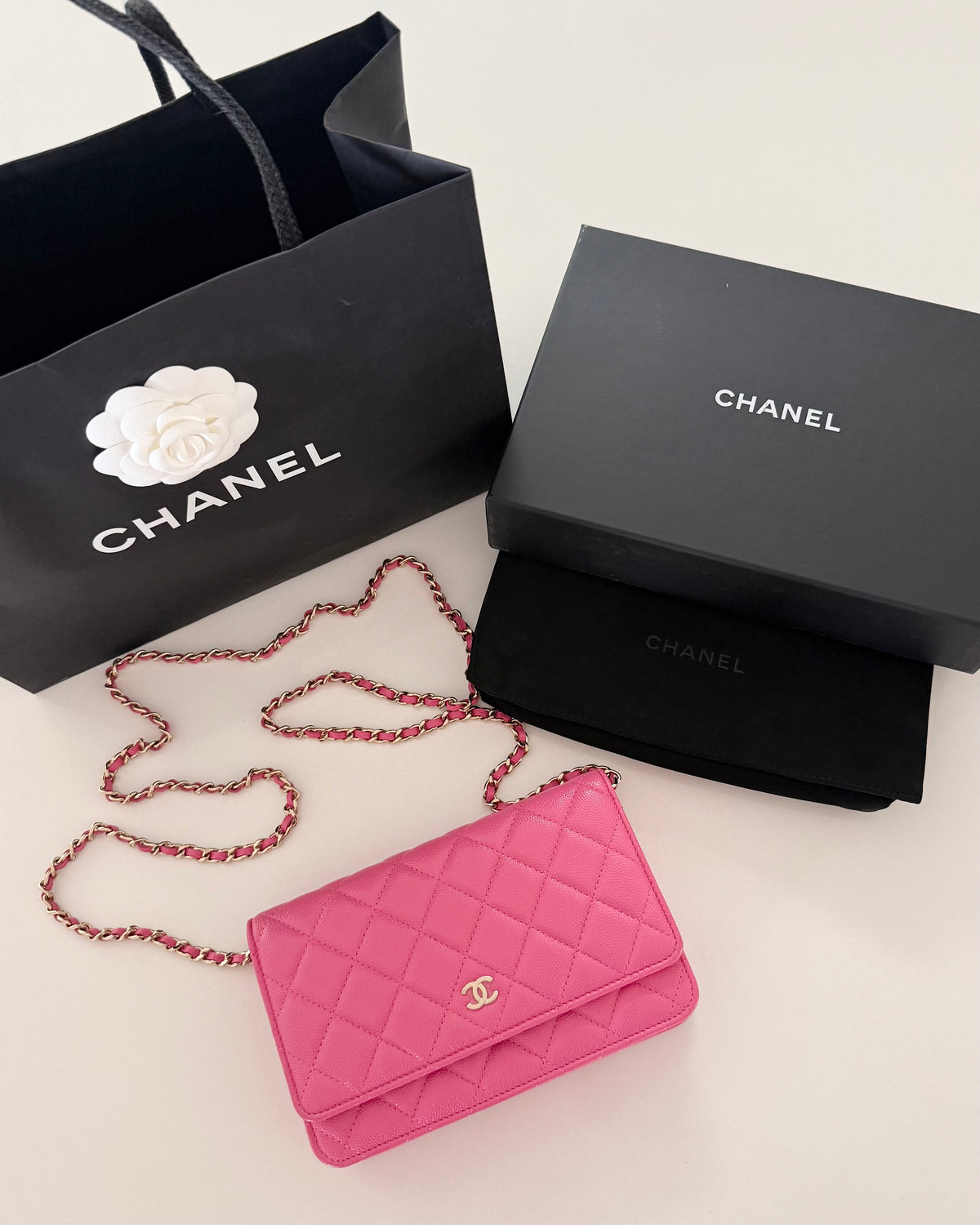 Chanel Bright Pink Caviar Wallet on Chain 30 series from 2020-21